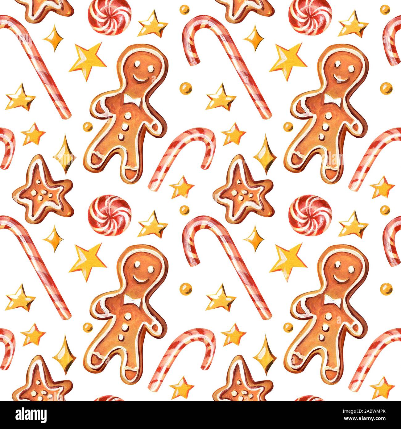 Weihnachten nahtlose Muster. Frohe Hintergrund Mit Gingerbread Man, sternförmige Lebkuchen cookie, Cane Candy und Sterne, auf weißem Hintergrund. Stockfoto
