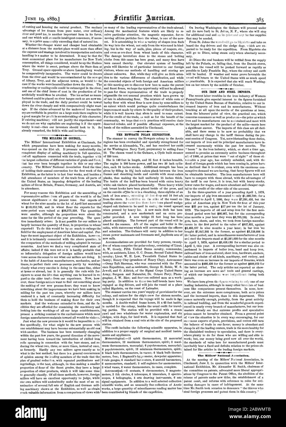 Die HOWGATE POLAR EXPEDITION. Die millers IM RAT. Unsere EISEN UND STAHL EINFUHREN., Scientific American, 1880-06-19 Stockfoto