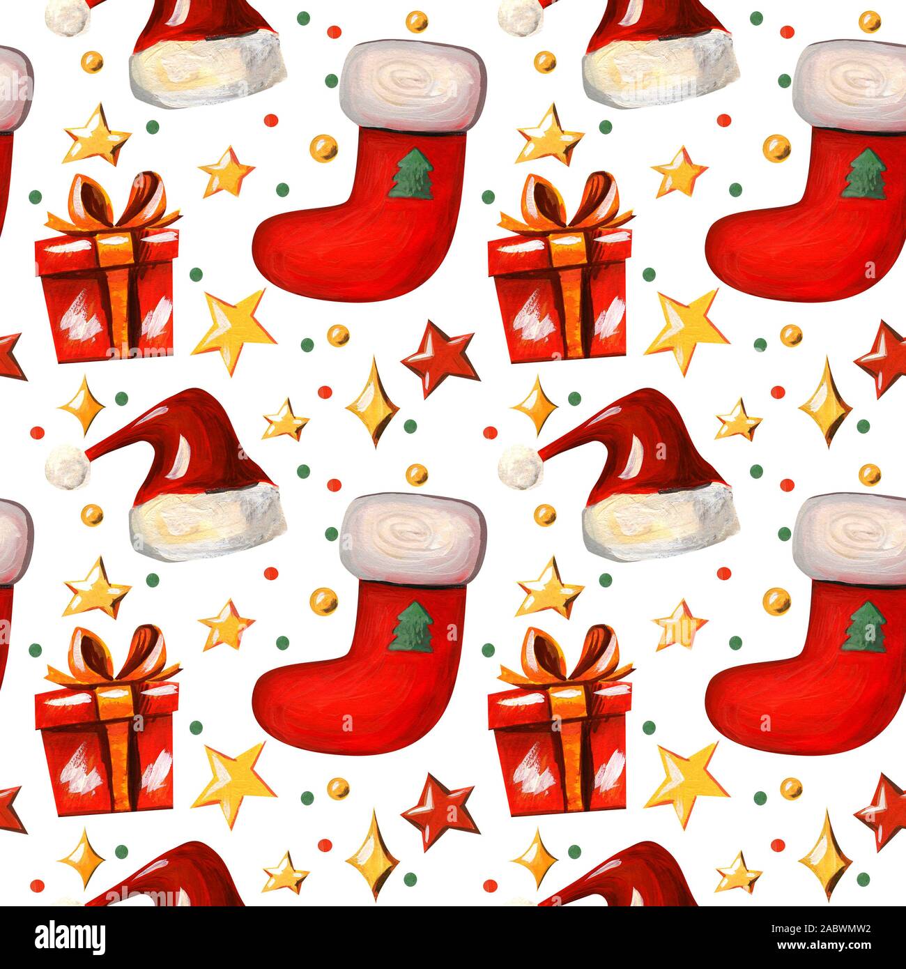 Weihnachten nahtlose Muster. Frohe Hintergrund mit weihnachtsstrumpf Weihnachtsmann Mütze, Geschenkbox und Sterne auf weißem Hintergrund. Geeignet für p Stockfoto