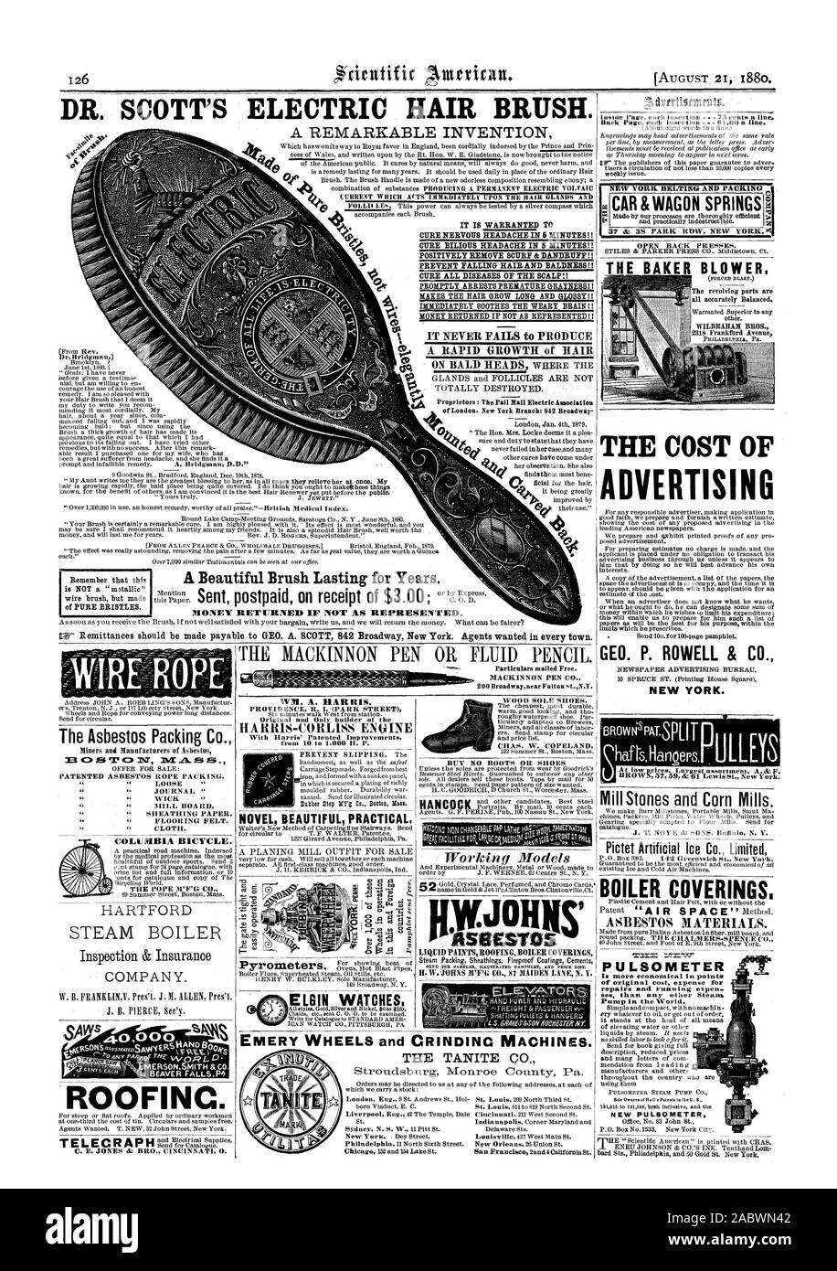 DR. SCOTT'S ELEKTRISCHE HAARBÜRSTE. Heilung nervöse KOPFSCHMERZEN IN 6 MINUTEN!! Heilung BILIOUS KOPFSCHMERZEN IN 5 MINUTEN!! Positiv ENTFERNEN MAUKE & Schuppen!! Sofort Festnahmen vorzeitiger Vergrauung!! Macht das Haar wachsen lange und glänzende!! Sofort beruhigt die MÜDEN GEHIRN!! Geld zurück, WENN NICHT ALS VERTRETEN!! Es fällt nie ein schnelles Wachstum der Haare, GELD ZU PRODUZIEREN ZURÜCKGEGEBEN, WENN NICHT ALS vertreten. 1 AUTO & WAGEN FEDERN DER BÄCKER GEBLÄSE DIE KOSTEN DER WERBUNG GEO. S. ROWELL & Co. in NEW YORK. Pyrometer der Asbest Verpackung Co. Mt Gehen le; rIICPJES S COLUMBIA FAHRRAD. Pictet künstliches Eis Co. Limited ROOFING Stockfoto