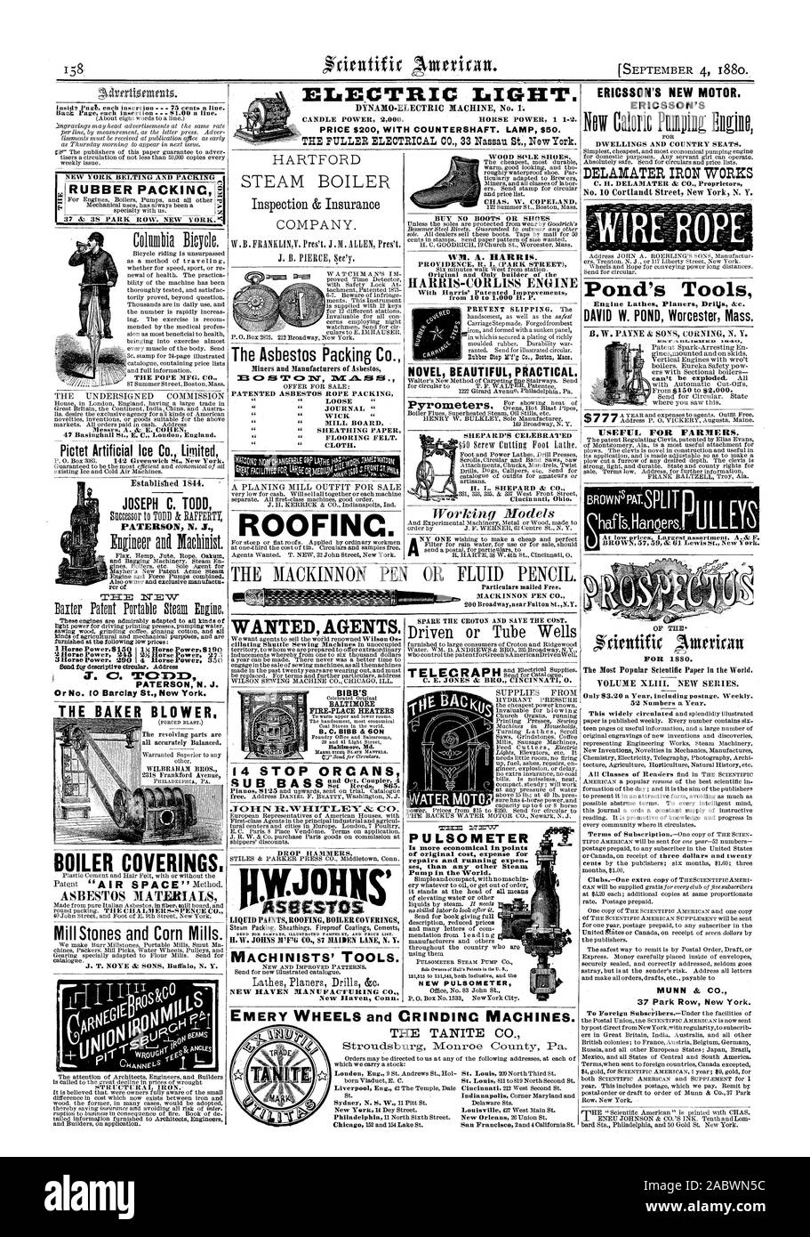 Elektrisches Licht. Preis 200 $ mit der Nebenwelle. Lampe 50 $. lArtritionnato. ttl-GUMMI PACKINC KESSEL FUSSBODENBELÄGE ASBEST MATERIALIEN Mühlsteine und Getreidemühlen. [HARTFORD Inspektion & Versicherung Der Asbest Verpackung Co Bergleute und Hersteller von patentierten Asbest Asbest SEIL VERPACKUNG f i i ROOFIN WOLLTE AGENTEN. 14 HALTEN ORGANE FLÜSSIGLACKE ROOFING KESSEL BELÄGE MASCHINISTEN' TOOLS. NEW HAVEN MANUFACTURING CO. Neue Maven Anschl. WM. A. HARRIS. Roman schön praktisch. Pyrometer ERICSSON'S NEUEN MOTOR. ERICSSON FÜR WOHNUNGEN UND LAND SITZEN. DELAILATER EISEN WERKE Teich Tools DAVID W. TEICH Stockfoto