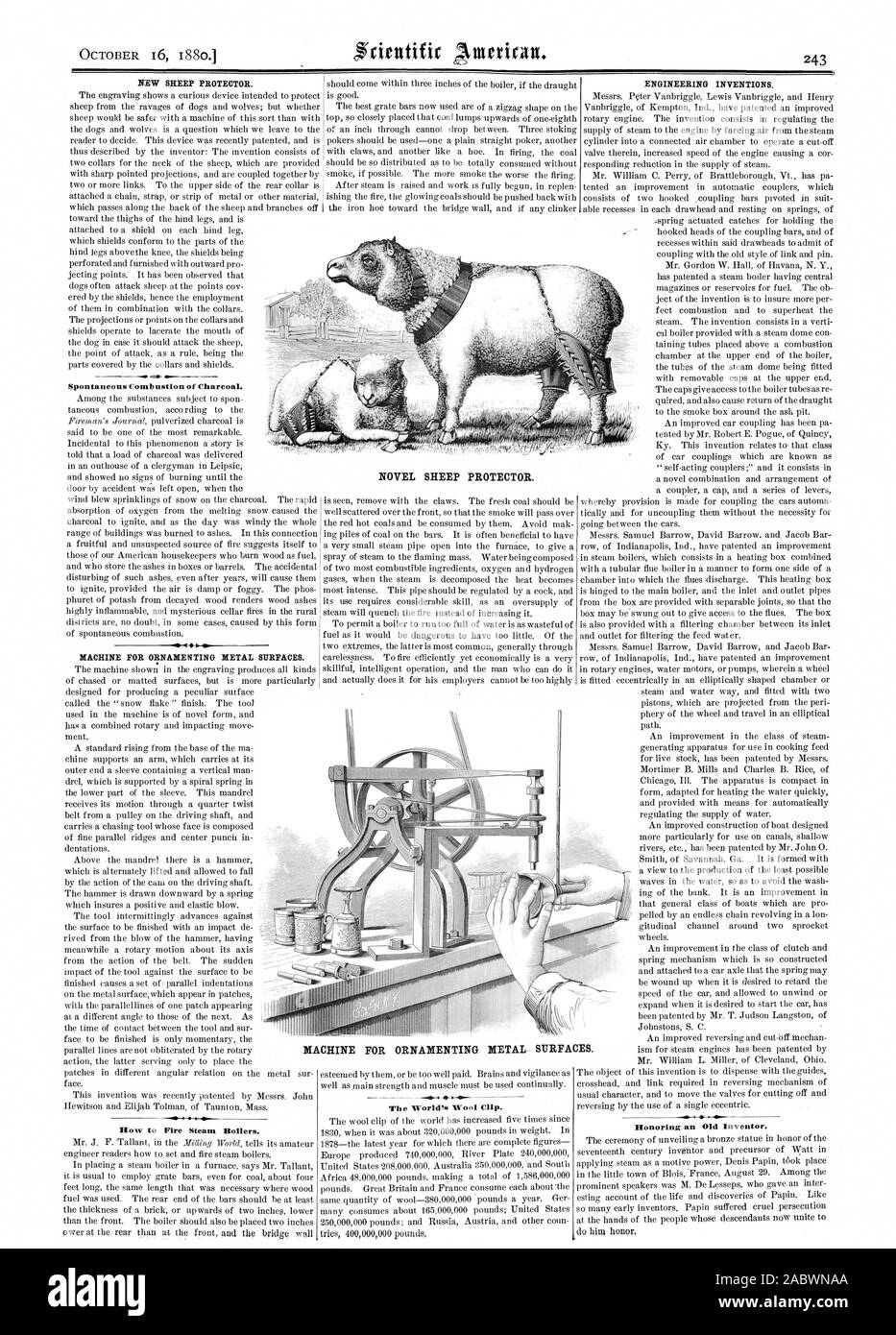 Neue Schafe Protector. . Spontane Verbrennung Von Kohle. Maschine Für  Ornamentieren Metalloberflächen. .10 4 Wie Man Feuer Dampfkessel.  Technische Erfindungen. Zu Ehren Einer Alten Erfinder. Der Welt Wolle Clip.  Roman Schafe Protectim.