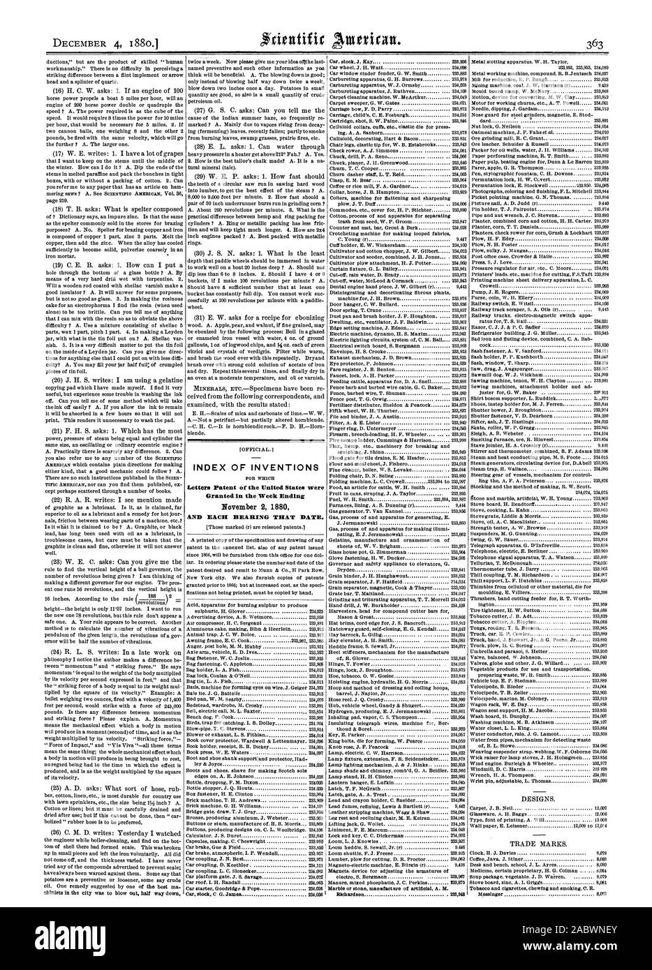 INDEX DER ERFINDUNGEN Patentschriften der Vereinigten Staaten wurden in der Woche bis 2. November 1880 und jedes Lager, dass Datum., Scientific American, 1880-12-04 gewährt Stockfoto