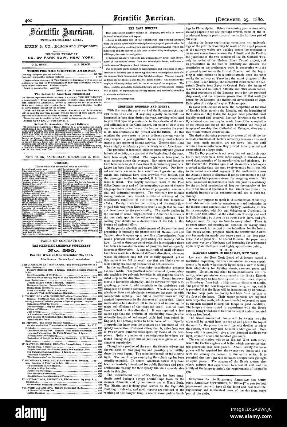 Elektrische Lampen im BROADWAY NEW YORK. Nr. 37 PARK ROW NEW YORK. Ergänzung der Scientific American Scientific American Export Edition. Inhalt. Der SCIENTIFIC AMERICAN SUPPLEMENT für die Woche endet am 25. Dezember ISSO. Die letzte Nummer. 18, 180, 1880-12-25 Stockfoto