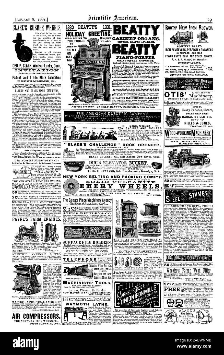 GEO. S. CLARK Windsor Locks Conn: n.A. "ZION Patent- und Markenamt Ausstellung KOMPRESSOREN 1880 BEATTY 1881. Urlaub Gruß. Das George Hotel Maschinen Agentur NEUE UND VERBESSERTE MUSTER. NEW HAVEN PIA NU PACVURING New Haven Anschl. $ 66 NevYears Touchkey Stiefel "NEUE BÜGELEISEN GEBLÄSE POSITIVE BLAST. Bügeleisen Revolver perfekt ausbalanciert IST EINFACHER UND HAT WENIGER TEILE ALS ALLE ANDEREN GEBLÄSE. S. H.&F. M. WURZELN Herst'rs CONNERSVILLE IND. Clandt S. WM. COOKE Verkauf Agt. 6 Cortlandt Street YORK. Jak. BEGGS & Co. verkaufen Agts. B Oey Straße schwere Schläge Scheren radial Bohrer etc. 86 MLLES JONES WILMINGTON, Del Stockfoto