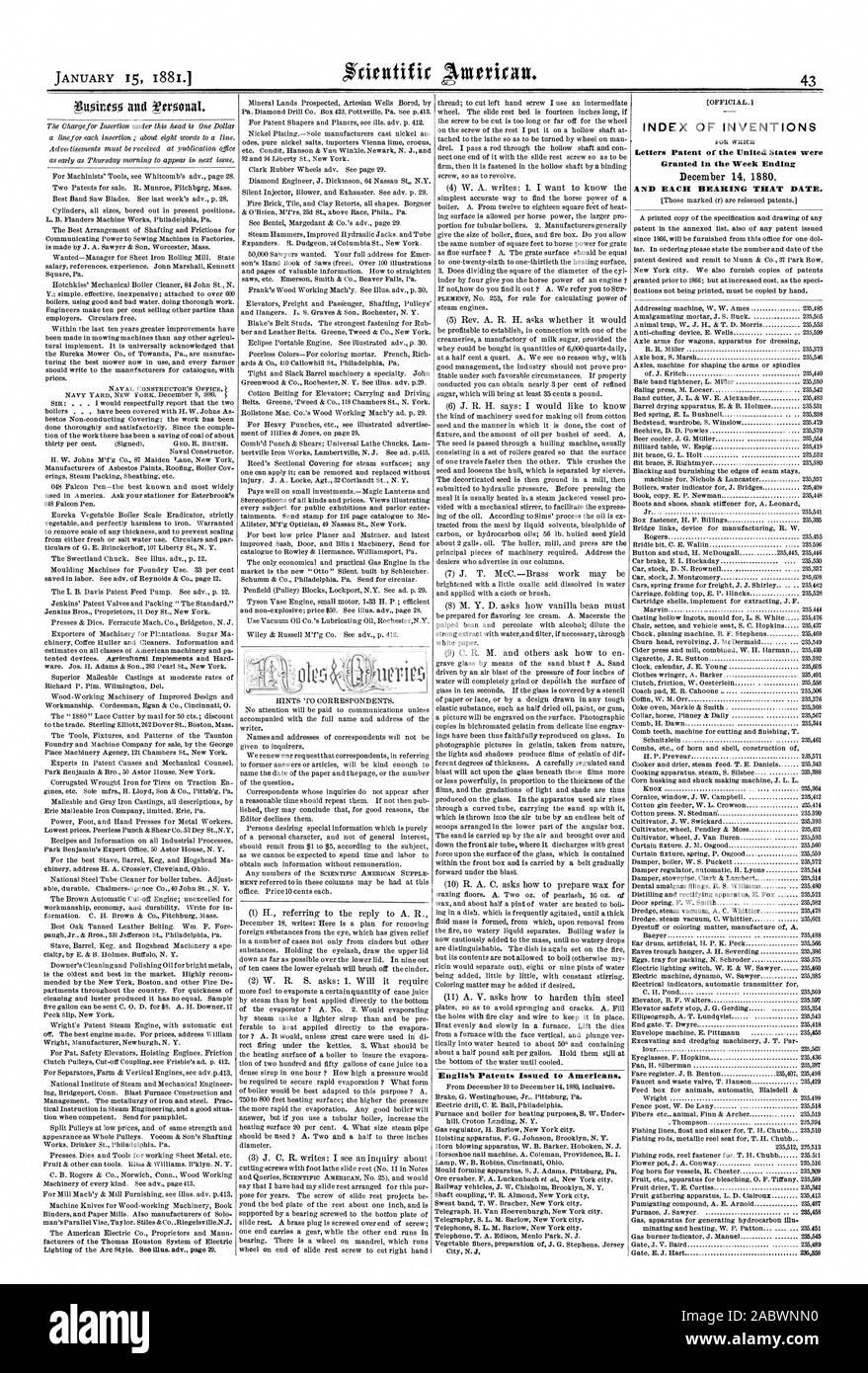 Englisch erteilten Patente zu den Amerikanern. INDEX DER ERFINDUNGEN Patentschriften der Vereinigten Staaten wurden in der Woche bis zum 14. Dezember 1880 und jedes Lager, dass Datum., Scientific American, 1881-01-15 gewährt Stockfoto