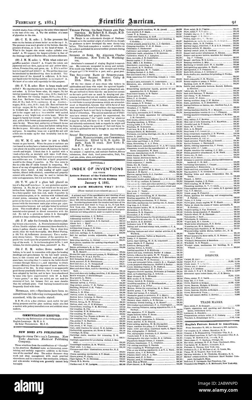 Jalousien aus Eisstockschießen auf den Seiten bei Kommunikation erhalten. Neue BÜCHER UND PUBLIKATIONEN. INDEX DER ERFINDUNGEN Patentschriften der Vereinigten Staaten waren in der Woche Ende gewährt. 4. Januar 1881 und jedes Lager. Englisch erteilten Patente zu den Amerikanern., Scientific American, 1881-02-05 Stockfoto