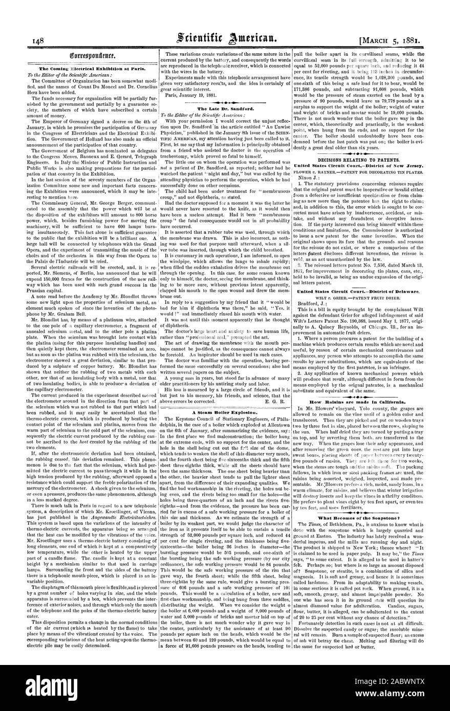 Die kommenden elektrischen Ausstellung in Paris. Ein Dampfkessel Explosion. Entscheidungen in Bezug auf die Patente. United States Stromkreis ConnDistrict von Delaware WILLST V. GRIERPATENT FRUCHT TROCKENER. Zeile Rosinen sind in Kalifornien gemacht. Was wird aus der Speckstein? Der späte Dr. Sandford., Scientific American, 1881-03-05 Stockfoto