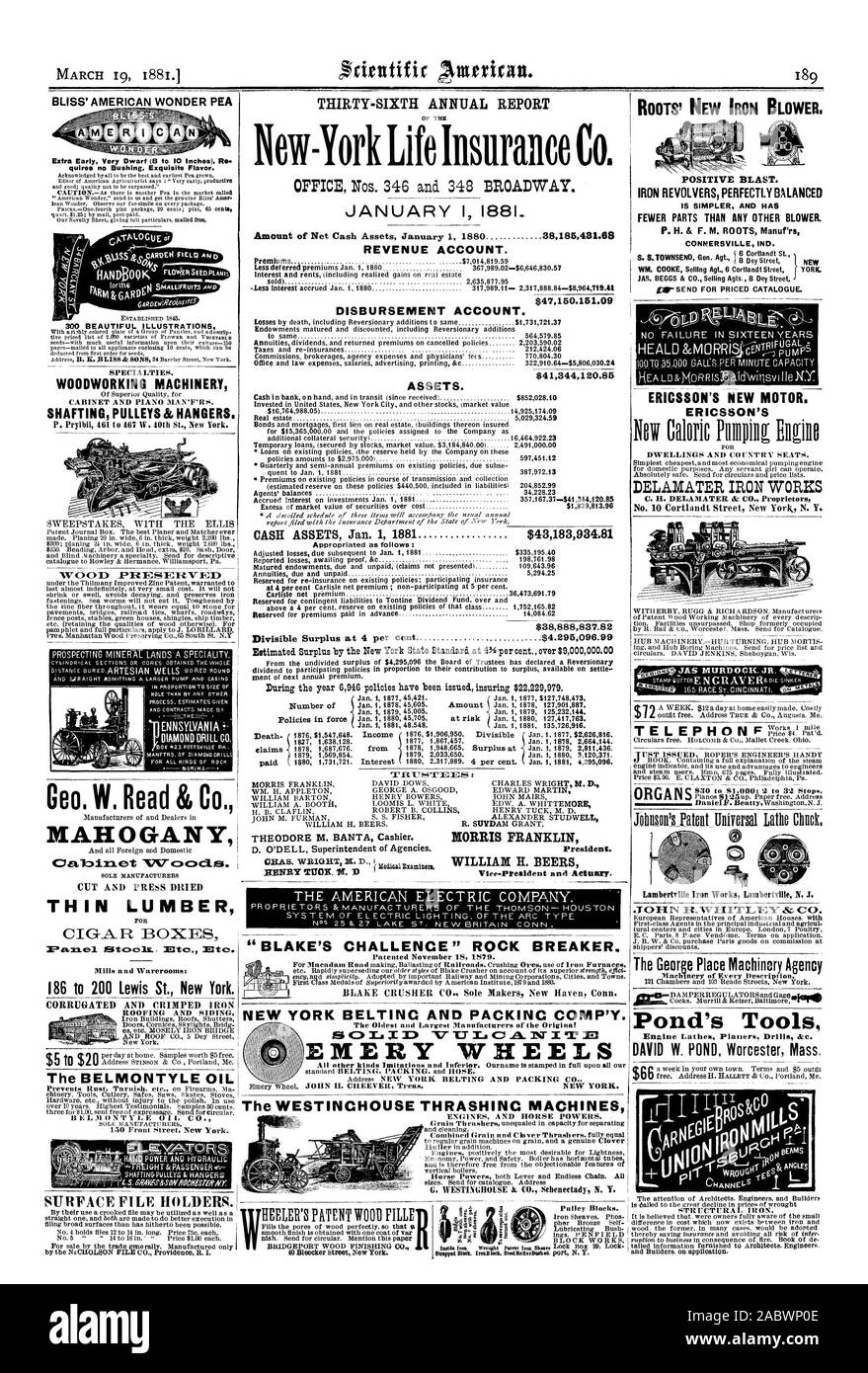 1 VITE EMERY RÄDER G. WESTINGHOUSE & Co Schenectady N.Y. HEELER'S PATENT HOLZ FRU 10 Bleecker Street New York. ENNSYNNIA DIAMOND DRILL CO.BOX +23 POTTSVILLE PA. Dach- und ABSTELLGLEIS H. ND POWEIrAl 40 HYLIRAGLIc. $ 41344120.85 Vermögenswerte. Flüssige Barmittel 1. Jan. 1881 angeeignet wie folgt: 238888837.82 $ CHALLENCE 43183934.81 BLAKE'S "ROCK BREAKER. THEODORE M. BANTA Kassierer. D. O'Dell Betriebsleiter der Agenturen. MORRIS FRANKLIN Präsident. Tod-f 1876 $ 1547648. 1837 1638128. Ansprüche, 1878 1687676. 1879 1569854. Bezahlt 1 1880 1731721. 'T IX T T NEW YORK. s'TIZUCTURA ich Eisen., Scientific American, 1881-03 - Stockfoto