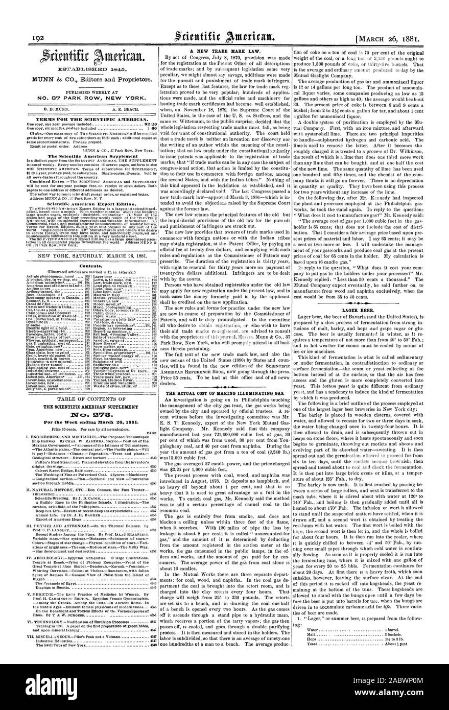 Bedingungen für den Scientific American. Ergänzung der Scientific American Scientific American Export Edition Inhalt. Der SCIENTIFIC AMERICAN SUPPLEMENT 1 EINEN NEUEN MARKENRECHTS. Die TATSÄCHLICHEN KOSTEN DER LEUCHTGAS. Lagerbier., 1881-03-26 Stockfoto