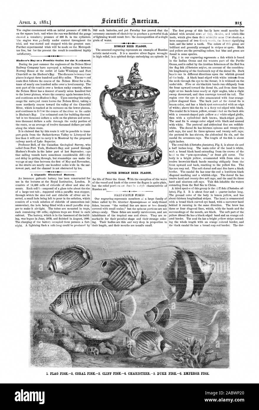 10 Hudson's Bay als möglichen Ausgang für den Nordwesten. Eine gigantische elektrische Batterie. 41 m. Russische BIER KRUG. Silberne russische Bier Krug. Schuppige-finned Fische., Scientific American, 1881-04-02 Stockfoto