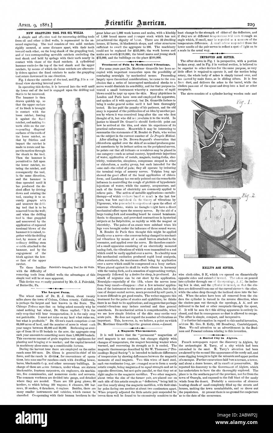 Neue enterhaken Werkzeug für die ÖLQUELLEN. Die größte Farm. Behandlung von Schmerzen, die durch mechanische Schwingungen. Eine Magnetische Thermometer. Verbesserte ASII-SICHTER. KELLY'S ASCHE SICHTER. Eine verschüttete Stadt in Algier., Scientific American, 1881-04-09 Stockfoto