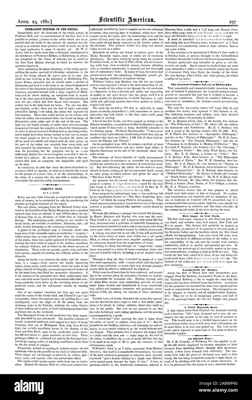 PICKETT: 8 Höhle. Durch H. 0. HOVEY. Die Concord Sommer Schule der Philosophie. Rübenzucker in New York. 4 Lokomotiven für Mexiko. 4. Ein Roman Versand Boot. Ein elektrischer Zaun., Scientific American, 1881-04-23 Stockfoto