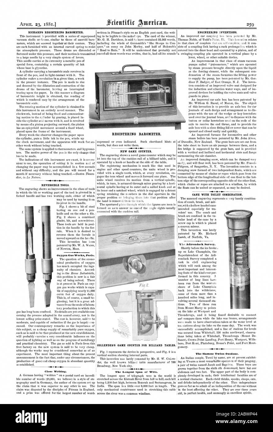 RICHARD'S REGISTRIERUNG BAROMETER. REVERSIBLE TOOLS. Sauerstoff arbeitet Paris. Schreiben schließen. Neues Spiel. Die längste Spanne Draht. Technische Erfindungen. Rohrstock mit WC Kombination. Die siamesischen Zwillinge übertroffen. Registrieren Barometer. Ich Die Adirondack Umfrage., Scientific American, 1881-04-23 Stockfoto