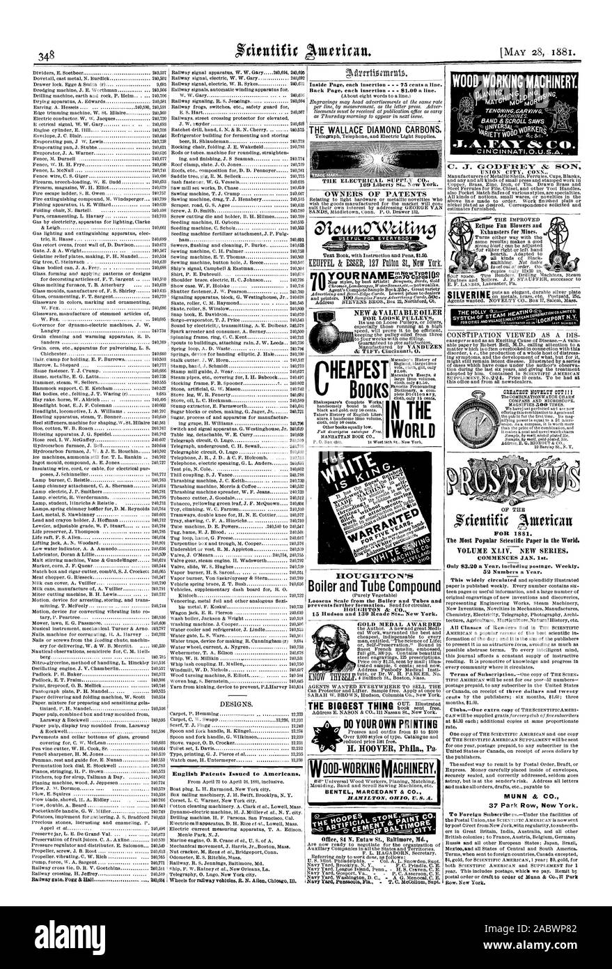 DESIGNS. Englisch erteilten Patente zu den Amerikanern. Die WALLACE DIAMOND AKTIVKOHLEN. Inhaber von Patenten OlattnAlVatime neue und wertvolle ÖLER N DIE DIE GRÖSSTE Sache Navy Yard Washington D. C.-G. Menoeal C. E. DIE HOLLY DER Die populärsten wissenschaftlichen Papier in der Welt. VOLUME XL 1V. Neue Serie. MUNN & Co Reihe New York. HOUGHTON BOHRS und Rohr Compound GOLDMEDAILLE HOLZ arbeitende Maschine j NATGP MOM ODER BÜCHER MANHATTAN BUCH CO H. HOOTER Phila. Pa, Scientific American, 1881-05-28 Stockfoto