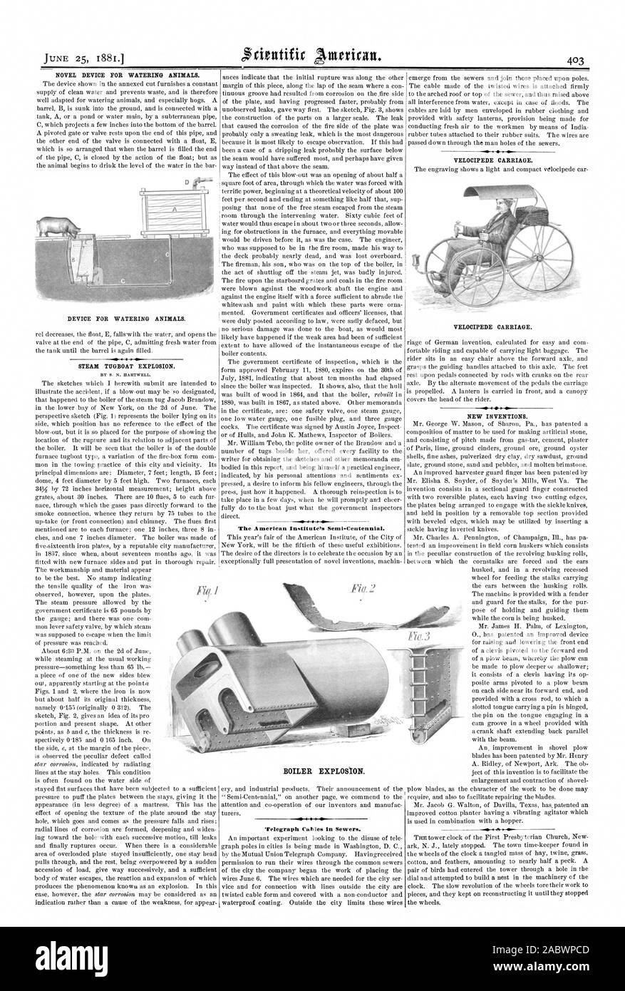 Neues GERÄT FÜR DIE BEWÄSSERUNG DER TIERE. Gerät für die Bewässerung der Tiere. Dampf TUGBOAT EXPLOSION. Fernschreiber Kabel in der Kanalisation. Neue Erfindungen. VELOCIPEDE BEFÖRDERUNG. VELOCIPEDE BEFÖRDERUNG. Kessel EXPLOSION., Scientific American, 1881-06-25 Stockfoto