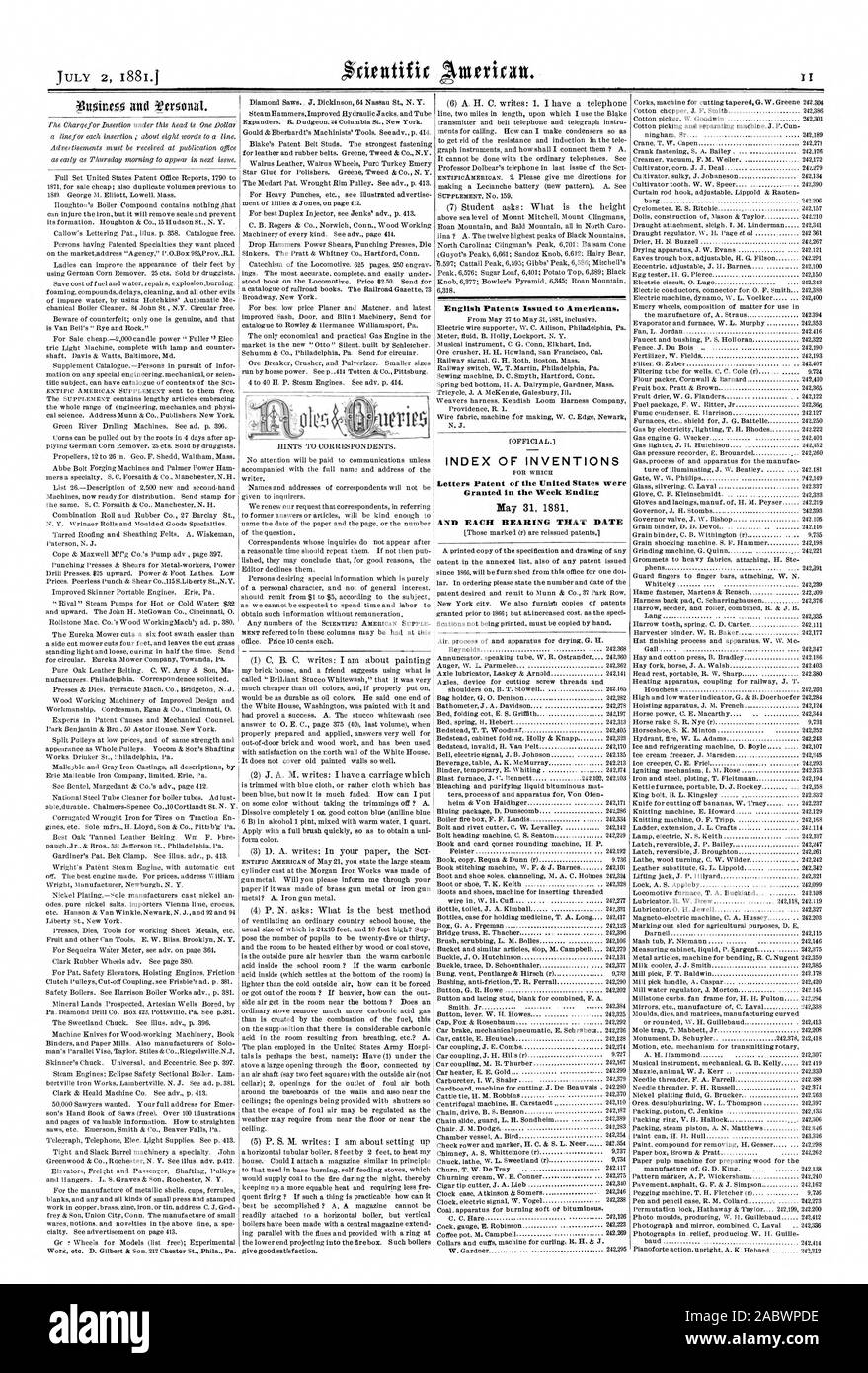 Englisch erteilten Patente zu den Amerikanern. INDEX DER ERFINDUNGEN Patentschriften der Vereinigten Staaten wurden in der Woche bis zum 31. Mai 1881 und jedes Lager, Datum, Scientific American, 1881-07-11 gewährt Stockfoto