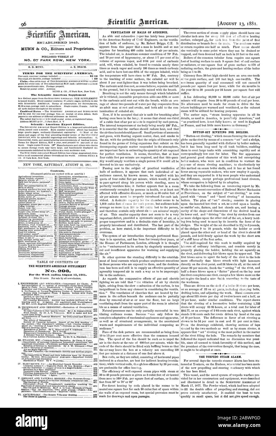 MUNN & Co. Herausgeber und Eigentümer. Nr. 87 PARK ROW NEW YORK. Bedingungen für den Scientific American. Ergänzung der Scientific American Scientific American Export Edition. Der SCIENTIFIC AMERICAN SUPPLEMENT 1 T CA. CM BELÜFTUNG DER HALLEN VON PUBLIKUM. Ein-KNOPF-SET NIETEN FÜR HEIZKESSEL. Der TORPEDO DAMPF ALARM., 1881-08-13 Stockfoto