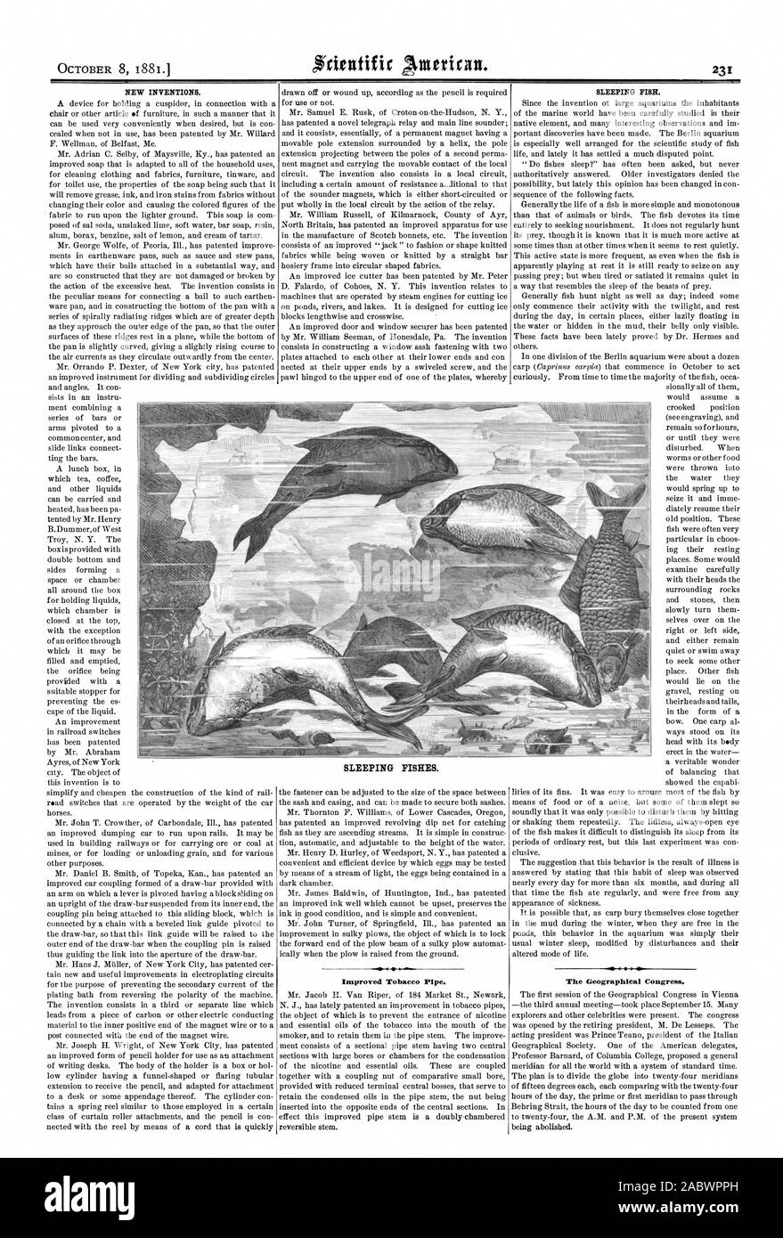 Neue Erfindungen. Verbesserte Tabakpfeife. Schlafende Fische. Die geographische Kongress. Schlafende FISCHE., Scientific American, 1881-10-08 Stockfoto
