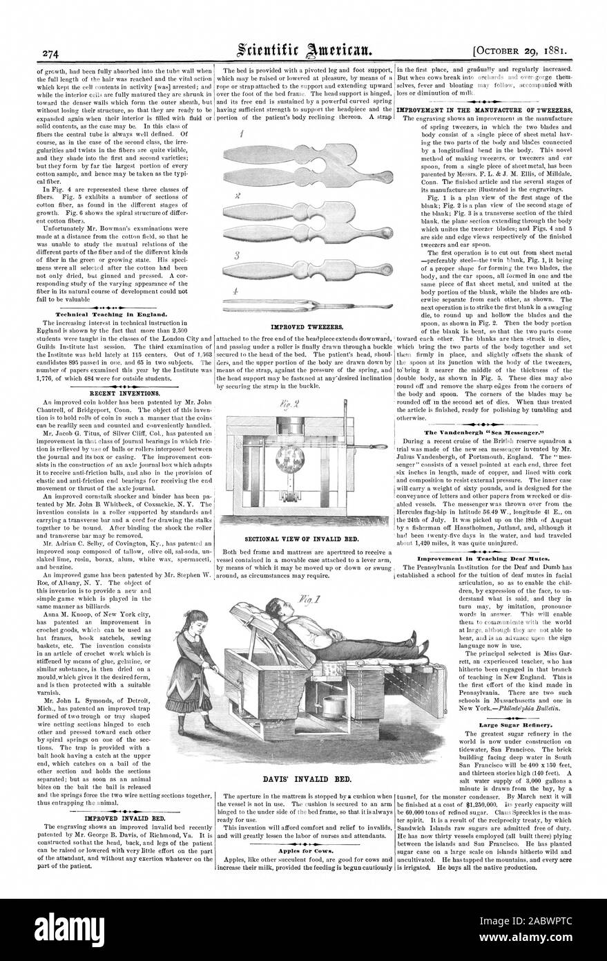 Technische Lehre in England. Neue Erfindungen. Verbesserte ungültig. Verbesserte Pinzette. DAVIS' ungültig. Äpfel für Kühe. --.46 4 I. VERBESSERUNG IN DER HERSTELLUNG VON PINZETTE. Verbesserung der Lehre taub Stumm. Große Zuckerraffinerie., Scientific American, 1881-10-29 Stockfoto