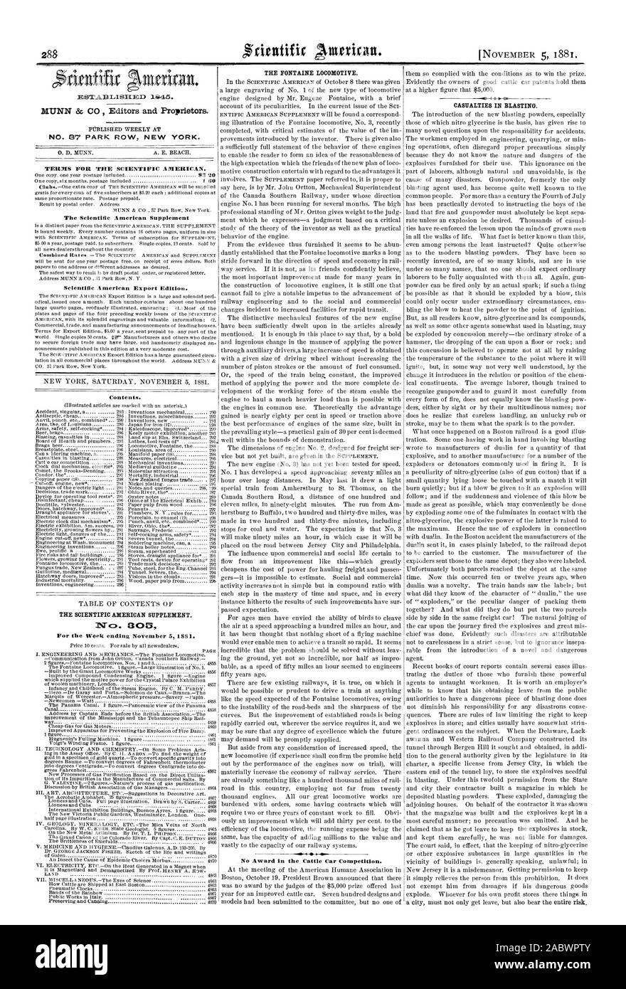 MUNN & CO Herausgeber und Eigentümer. Veröffentlicht wöchentlich an Nr. 87 PARK ROW NEW YORK. Bedingungen für den Scientific American. Ergänzung der Scientific American Scientific American Export Edition. Inhalt. Der Scientific American Supplement. Nr. 300 für die Woche 5. November 1881 endet. Die FONTAINE Lokomotive. Keine Auszeichnung in der Rinder Auto Wettbewerb. Opfer in Strahlen., 1881-11-05 Stockfoto