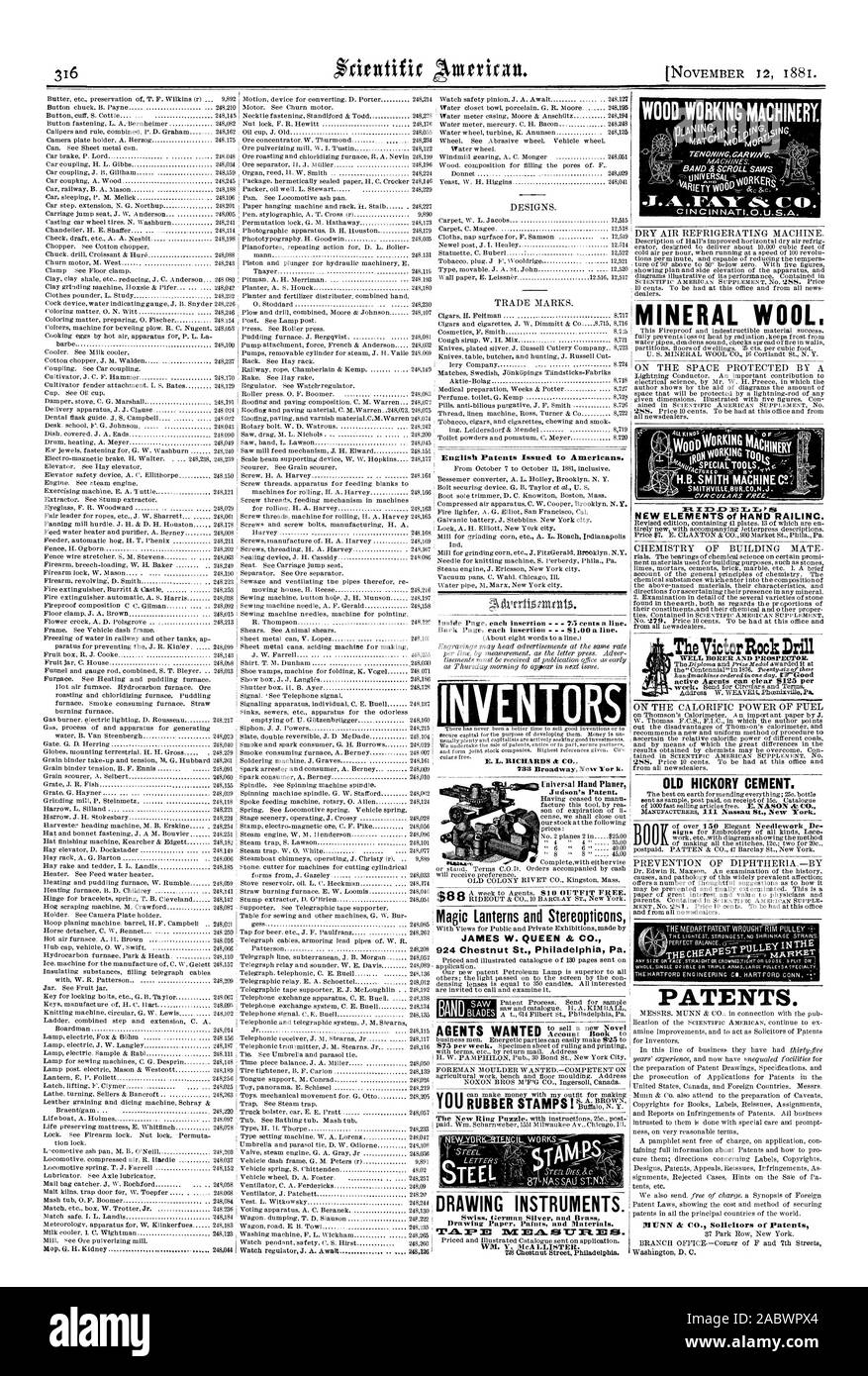 Englisch erteilten Patente zu den Amerikanern. "Tixtrrtizzartrub. Erfinder 733 Broadway New York. Zeichengeräte. ; Mineralwolle. OLD HICKORY ZEMENT. Patente. MUNN dr CO Solicitors von Patenten in der HOLZBEARBEITUNG MASCHINEN. smITHvILLEBuR.co.N.J. Neue Elemente der Hand Geländer. JAMES W. QUEEN & Co 924 Chestnut St. Philadelphia Pa, Scientific American, 1881-11-12 Stockfoto
