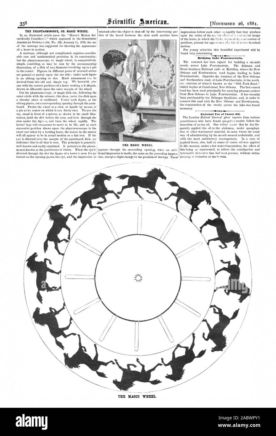 Überbrückung von Lake Pontchartrain. Externe Nutzung von Rizinusöl. Das MAGISCHE RAD., Scientific American, 1881-11-26 Stockfoto