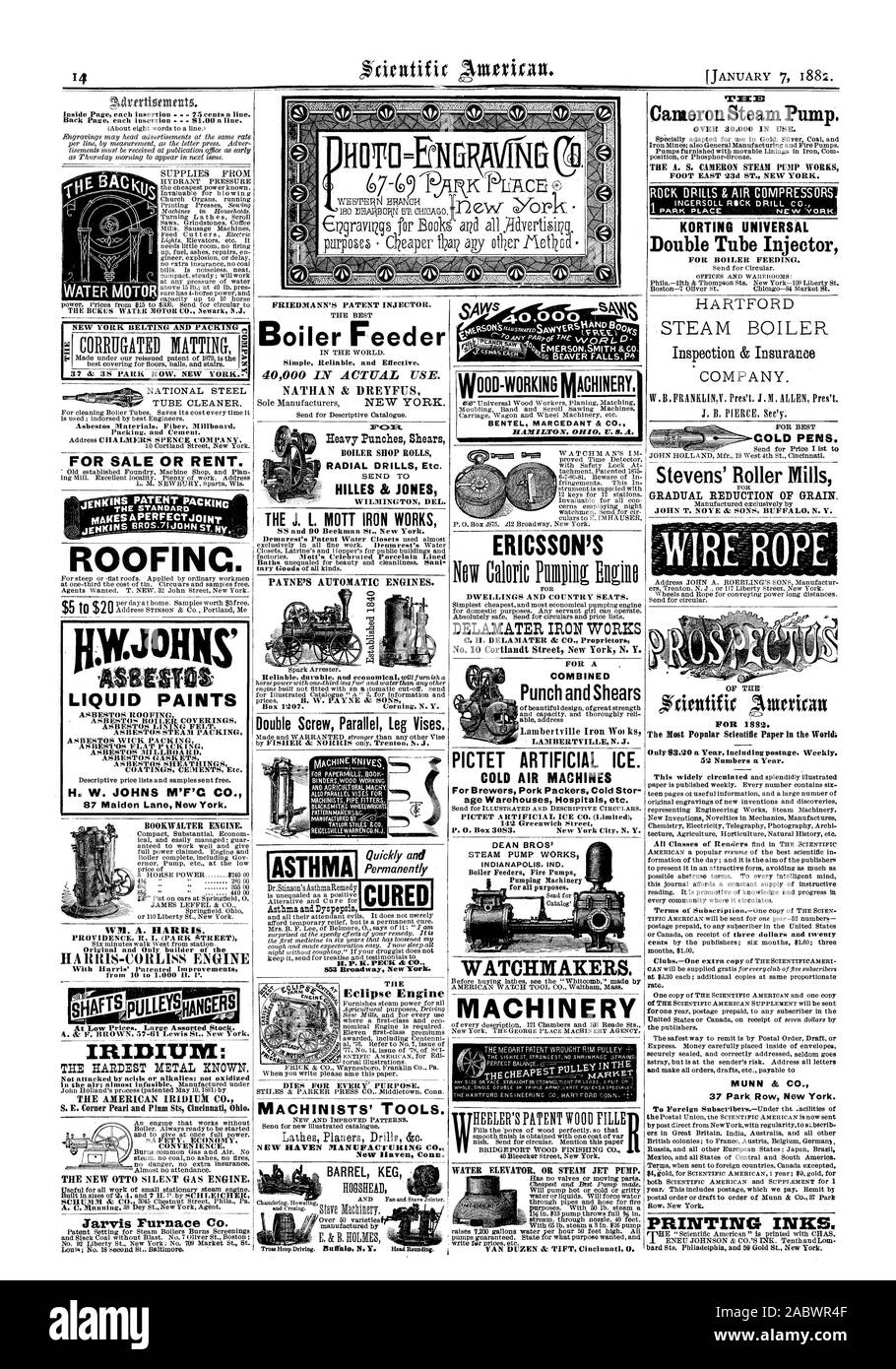Maschinen BENTEL MARCEDANT & Co. HAMILTON 00 LI. S. A. EINE EST PICTET künstliches Eis. Kalte Luft Maschinen für Brauereien Schweinefleisch Verpacker kalten Stor 142 Greenwich Street Uhrmacher. ACHINER DAMPF PUMPE ARBEITET INDIANAPOLIS IND. FC) 3 Er KESSEL SHOP ROLLEN RADIAL BOHRER etc. Senden T HILLES&JONES WILMINGTON, Del. "ASTHMA H. S. K. PECK & CO. die Eclipse Motor stirbt FÜR JEDEN ZWECK. Maschinisten' TOOLS. NEW HAVEN TU New Haven Anschl. aLesm rEDSAwy EPS 4.0000 EMERSONSMITH&C Foren kombinierte Stanzen und Scheren, Scientific American, 1882-01-07 Stockfoto