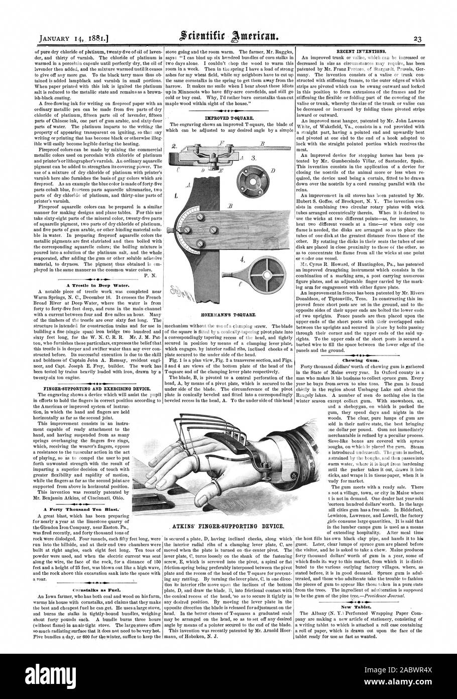 Einen Bock im tiefen Wasser. Ein vierzig tausend Tonne Blast." Ein maisstengeln als Brennstoff. Neue Erfindungen. Kaugummi. Neue Tablet. ATKINS' Finger - UNTERSTÜTZUNG GERÄT., Scientific American, 1882-01-14 Stockfoto