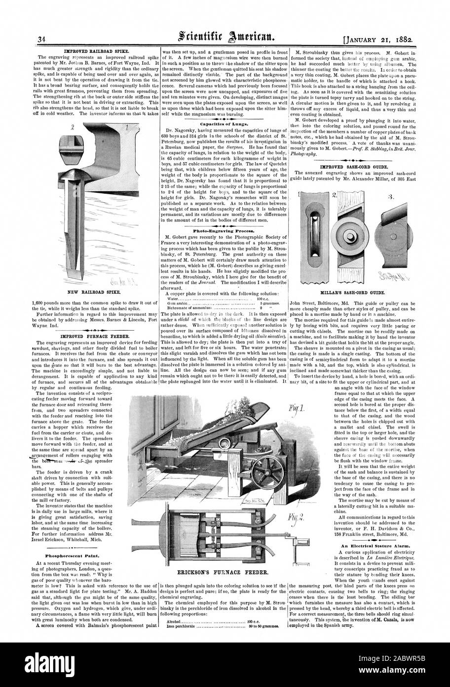34 Kapazitäten der Lunge. Foto Gravur. Verbesserte EISENBAHN SPIKE. Neue EISENBAHN SPIKE. Verbesserte ofen Einzug. Phosphoreszierende Farbe. Millars SCHÄRPE - KABELFÜHRUNG. Eine elektrische Statur Alarm. ERICKSON OFEN EINZUG., Scientific American, 1882-01-21 Stockfoto