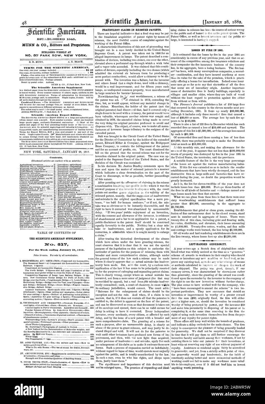 Woche 28. Januar 1852 endet. Betrügerische ANSPRÜCHE IN NEUAUSGABE PATENTE. 4 S SCHÄDEN DURCH FEUER im Jahre 1881. Linkshänder Großzügigkeit., Scientific American, 1882-01-28 Stockfoto