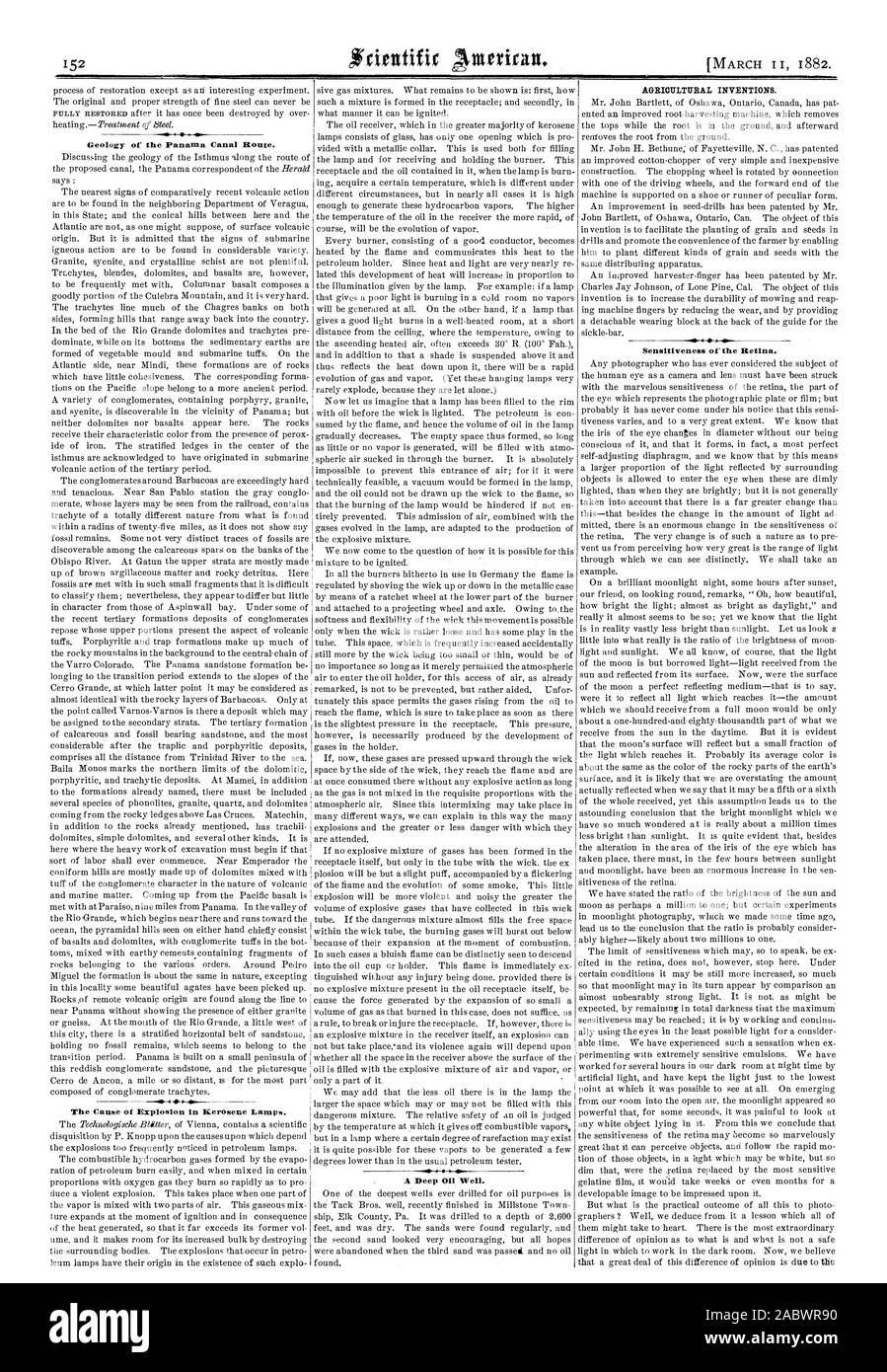 Geologie Der Panama Kanal Route. Die Ursache der Explosion in Petroleumlampen. Eine tiefe Öl gut. Landwirtschaftliche Erfindungen. Empfindlichkeit der Netzhaut., Scientific American, 1882-03-11 Stockfoto