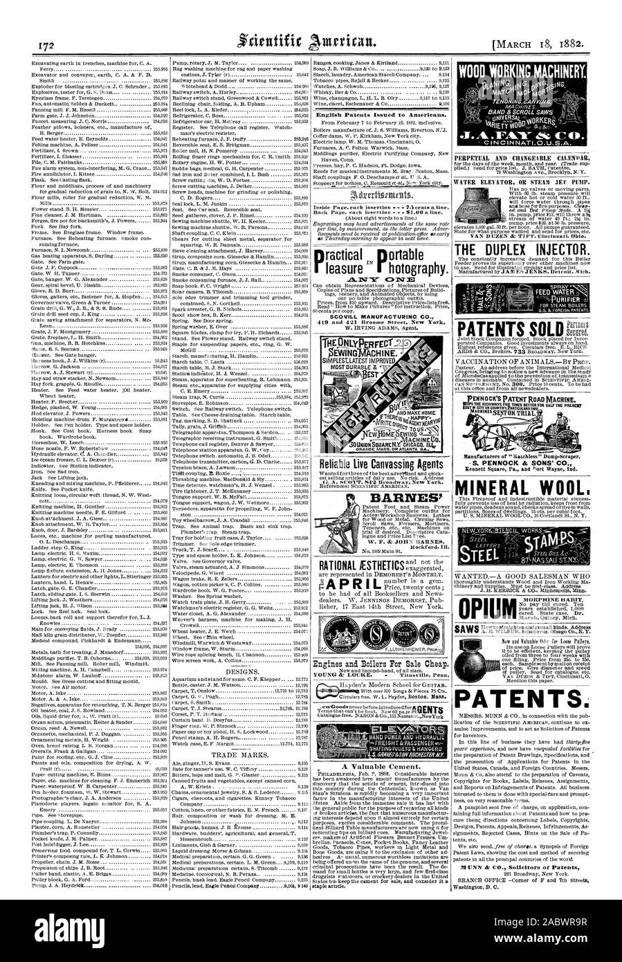 Englisch erteilten Patente zu den Amerikanern. SCOVILL MANUFACTURINO CO Motoren und Kessel für Verkauf Billig. Holzbearbeitung Maschinen. Die DUPLEX-Injektor. Mineralwolle. OPIUM, Morphium Gewohnheit. Patente. MUNN & Co Solicitors von Patenten I. Zuverlässige live Kundenwerbung Agenten die ONLYPERFECT $ EWING 7 VrACH I N E.4 sS EST Meer ractical portable Barnes' W. F. u. John Barnes, Scientific American, 82-03-18 Stockfoto