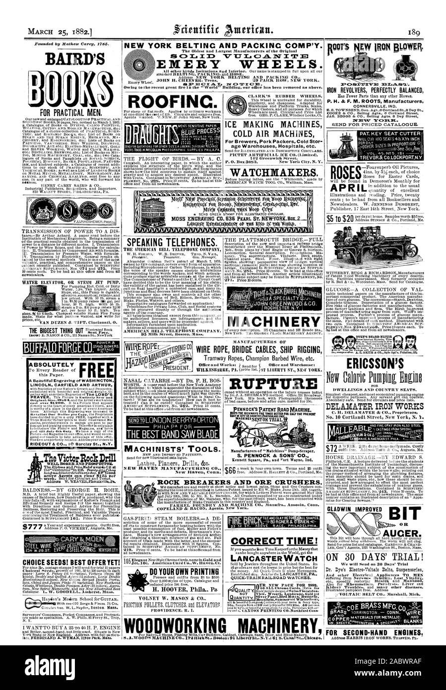 Kalte Luft Maschinen für Brauereien Schweinefleisch Verpacker. Kalte Stor alter Lagerhäuser Krankenhäuser usw. PICTET KÜNSTLICHES EIS CO (begrenzt) 142 Greenwich Street Postfach 3083. New York City NEW YORK Uhrmacher. Maschinen EISEN REVOLVER perfekt ausgewogenen Jak. BEGGS & Co. Verkaufen Agta. 8 Dey Street DT la NAT SENDEN FÜR GÜNSTIGE KATALOG. Für praktische Männer absolut dieses Papier. REE die größte Sache, die ERICSSON'S WOHNUNGEN UND LAND SITZEN. DELA 1 VIATER IRON WORKS C.. DELAMATER dr CO Inhaber $ 5 bis $ 20 AUF 30 TAGE TESTEN! "VOLTAIC RIEMEN CO. Marshall Mich oder Schnecke. März 25 1882.1 von Mathew Carey 1785 gegründet. BAIRD Stockfoto