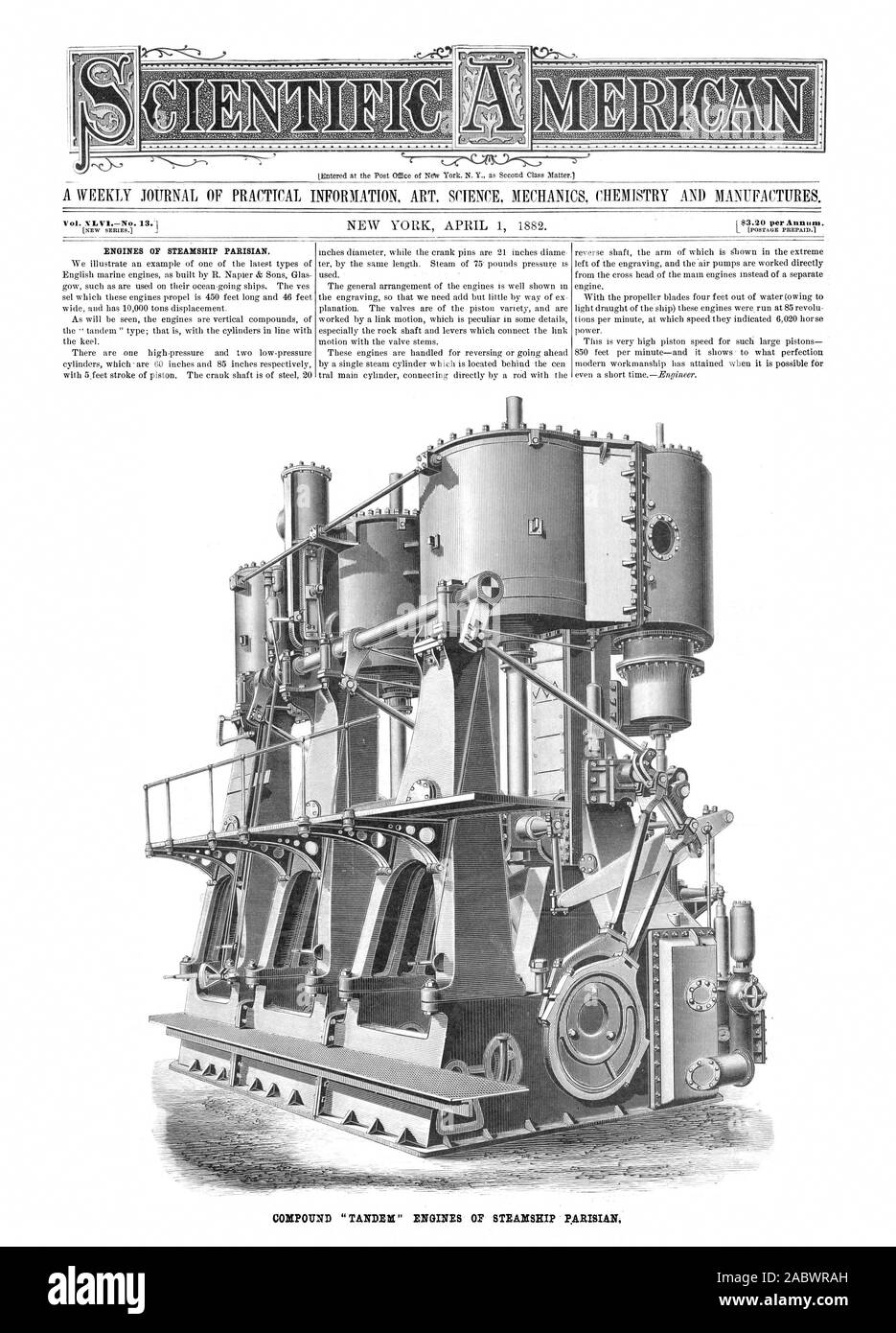 Vol. VI. V1.Nr. 13.1 ich $ 3.20 pro Jahr. Zusammengesetzte 'TANDEM' MOTOREN OP STEAMSHIP PARISER HII Mini MI I, Scientific American, 1882-04-01 Stockfoto