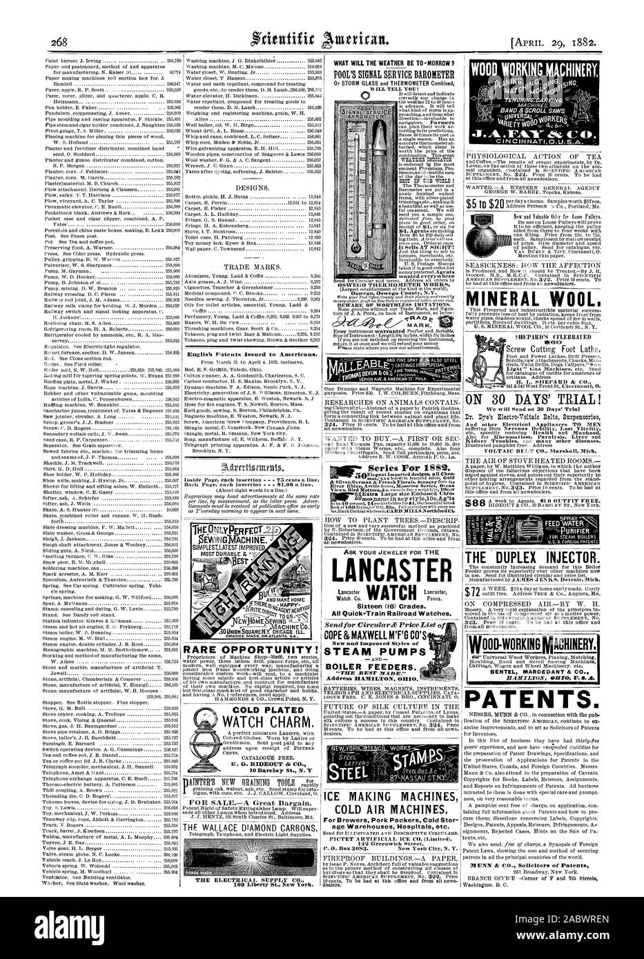 Washington. D. C. DIE MEISTEN LANGLEBIGEN ZEHEN EWPOMEpEWING 3 ORNIONSIWAHEN. Y. CHICAGO. Kranke seltene Gelegenheit! Der POOL SIGNAL SERVICE BAROMETER WETTER ANZEIGE pl. A r3 MAR K.-Serie für 1889. Dr. Farbstoff Blectro-Voltaic Riemen Suspensories MINERALWOLLE. t. IIIEPARIPS feierte 5430 AUF 30 TAGE TESTEN! Die DUPLEX-Injektor. BENTEL MARCEDANT & Co. Patente. WATCH C HOLZVERARBEITENDEN MASCHINEN. CD., Scientific American, 1882-04-29 Stockfoto