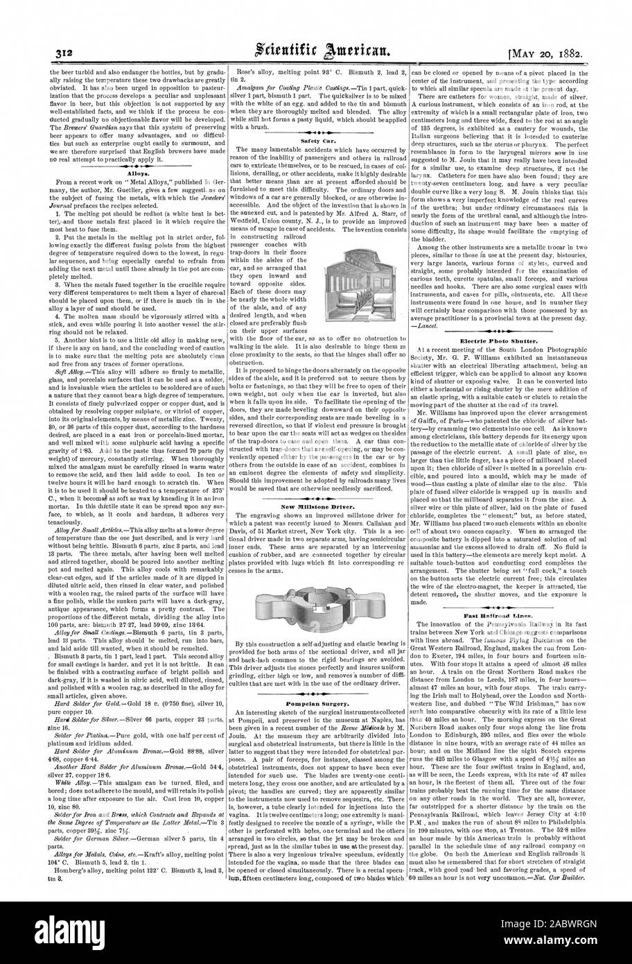 Legierungen. Safety Car. Neue mühlstein Treiber. Pompejanischen Chirurgie. Elektrische Foto Shutter. Schnelle Eisenbahnstrecken., Scientific American, 1882-05-20 Stockfoto