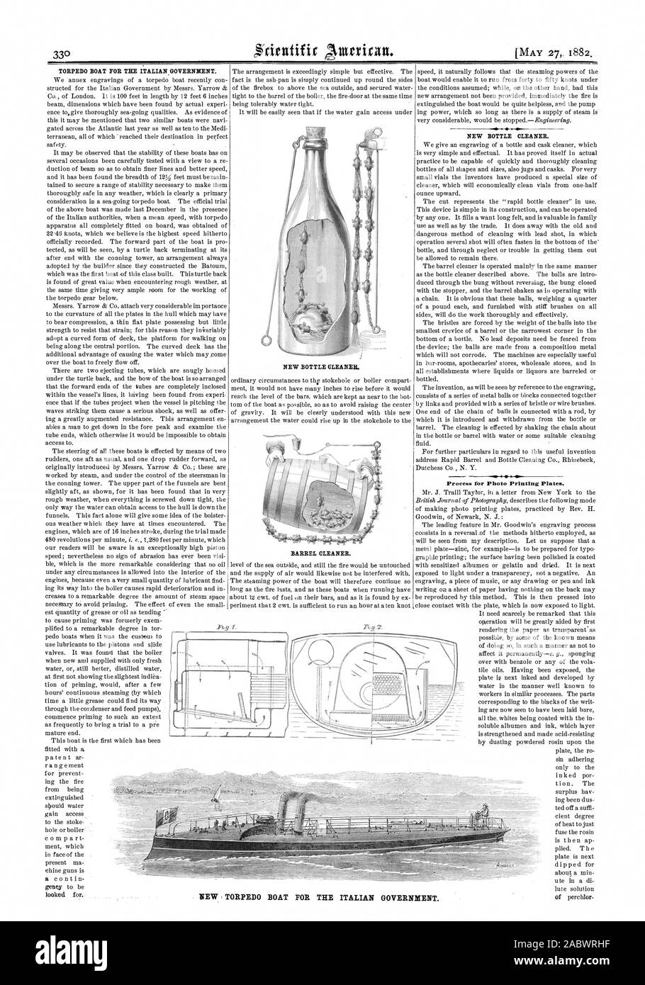 TORPEDO BOOT FÜR DIE ITALIENISCHE REGIERUNG. Neue Flasche Reiniger. Laufreiniger. Neue Flasche Reiniger. Prozess für Pboto Druckplatten. Puhh, TORPEDO BOOT FÜR DIE ITALIENISCHE REGIERUNG, Scientific American, 1882-05-27 Stockfoto