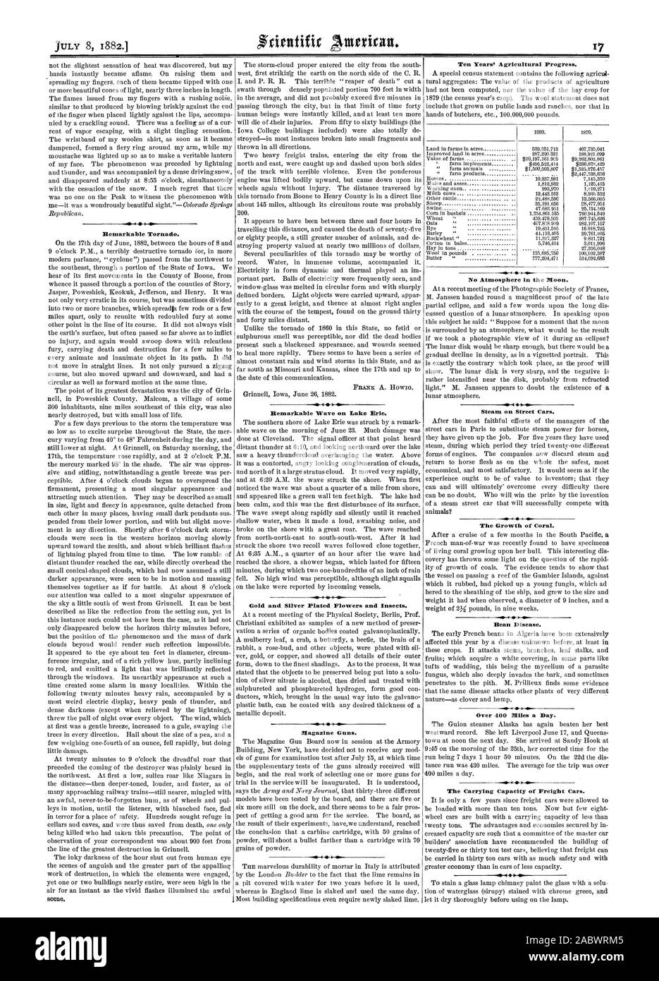 Bemerkenswerte Tornado. Bemerkenswerte Welle am Erie See. Gold und Silber vergoldet, Blumen und Insekten. Magazin Gewehren. Keine Atmosphäre auf dem Mond. Dampf auf der Straße Autos. Ir. Das Wachstum der Korallen. Bean Krankheit. Über 400 Meilen pro Tag. Die Tragfähigkeit von Güterwagen., Scientific American, 1882-07-08 Stockfoto