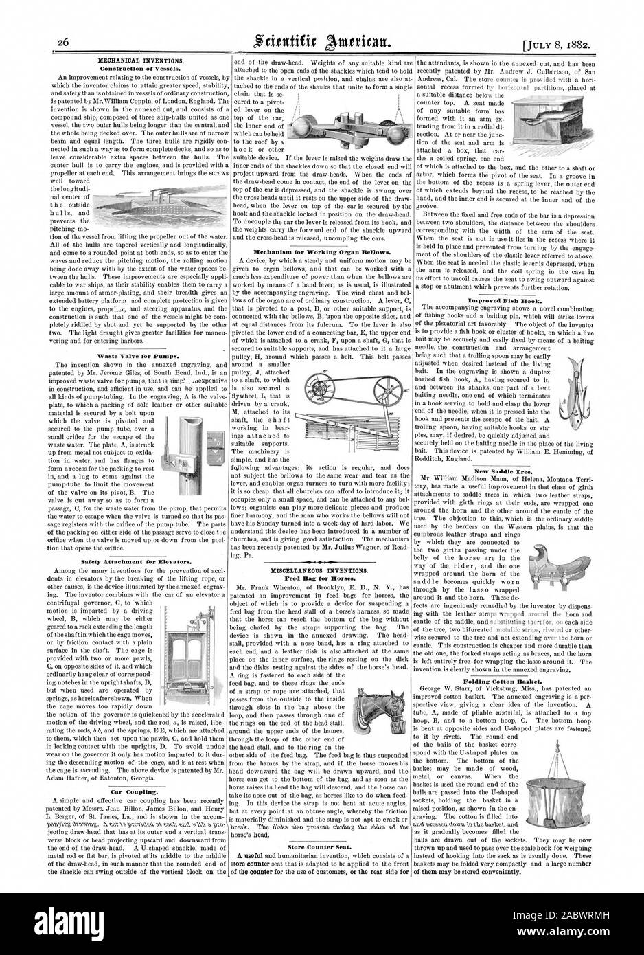 26 mechanischen Erfindungen. Bau von Schiffen. Abfälle Ventil für Pumpen. Sicherheit Anhang für Aufzüge. Auto Kupplung. Mechanismus für die Orgel Faltenbälge. I0'BITSCELLANEOITS ERFINDUNGEN. Feed Bag für Pferde. Store gegen den Sitz. Verbesserte Fisch Haken. Neuen Sattel Baum. Falten aus Baumwolle Warenkorb., Scientific American, 1882-07-11 Stockfoto