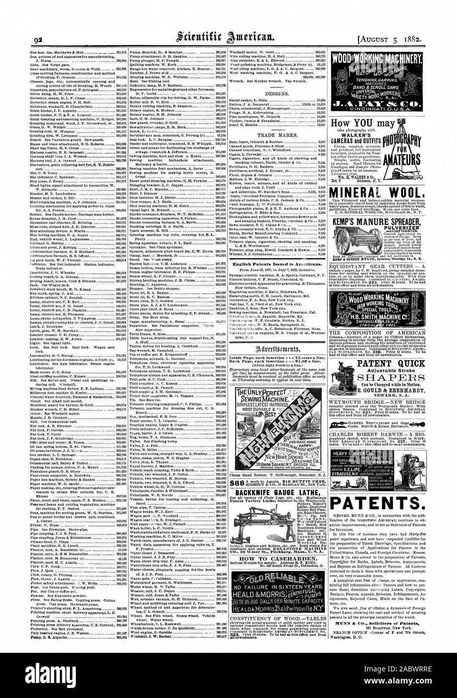 $ zitutifir Englisch erteilten Patente zu den Amerikanern. BACKKNIFE MANOMETER DREHBANK, WIE CASEHARDEN. alle newsdealers. Mineralwolle. Patente. MUNN & Co Solicitors von Patenten EST ACHINECO. Holzbearbeitung MASCHINEN. r WALKER'S KEMP'S DUNGSTREUER PULVERISIERER tivIITHVILLEBUR.CO.N.J. PATENT SCHNELL verstellbarer Anschlag E. GOULD & EBERHARDT NEWARK NEW JERSEY, Scientific American, 1882-08-05 Stockfoto
