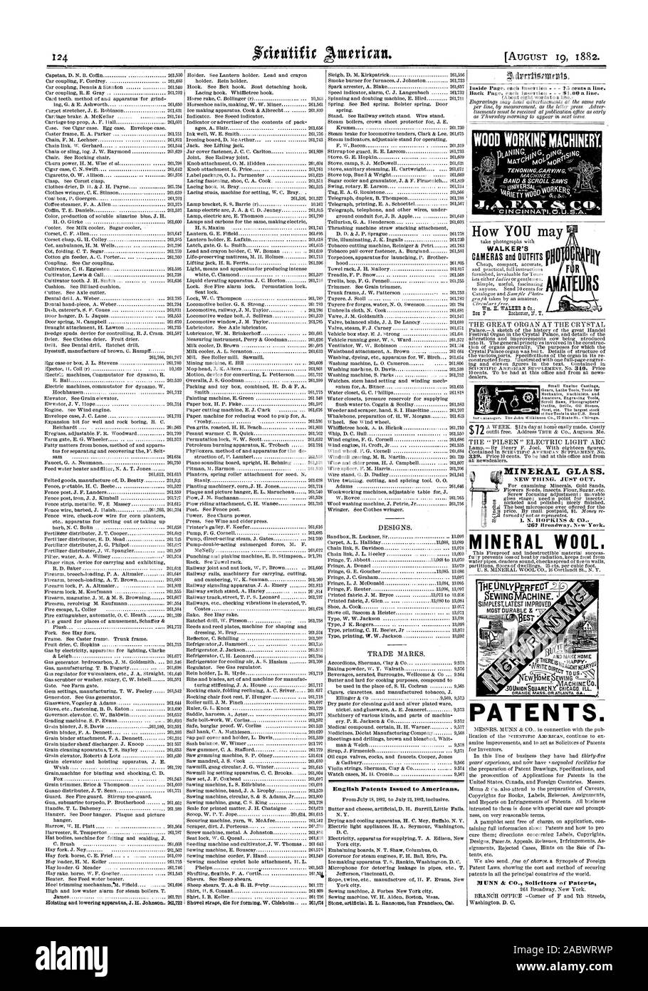 0 M1 DINEL Englisch erteilten Patente zu den Amerikanern. Mineralglas. Mineralwolle. Holz MASCHINEN VIORKINC NA 1:1 Wie Sie WALKER'S KAMERAS und Outfits Fil 0 THEUNLYPERFECT 2 OEWINOTACHINE. Die meisten langlebigen & ATENTS., Scientific American, 1882-08-19 Stockfoto