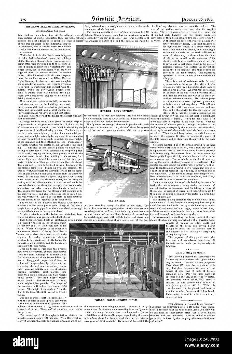 Das EDISON ELEKTRISCHE BELEUCHTUNG. Straße Verbindungen. Kessel ROOMSTOKE LOCH. Glas Beschichtung o n Metalle. e, Scientific American, 1882-08-26 Stockfoto