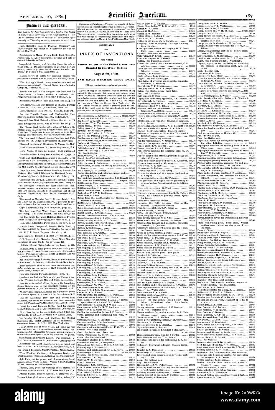 INDEX DER ERFINDUNGEN Patentschriften der Vereinigten Staaten wurden in der Woche bis 22. August 1882 UND JEDES LAGER, DA'EIS., Scientific American, 1882-09-16 gewährt Stockfoto