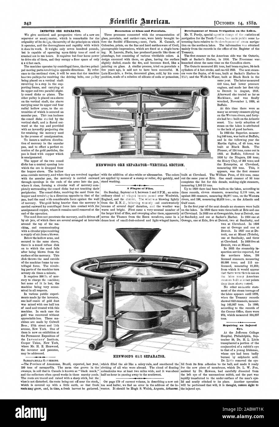 Dekoration von Glas und Porzellan. Eine Plage von Fliegen. Der HENWOOD ERZ SEPARATOR. Die Entwicklung der Dampfschifffahrt auf den Seen. 4 Instandsetzung ein verletztes Auge. Der HENWOOD ERZ SEPARATOR - VERTIKALE ABSCHNITT., Scientific American, 1882-10-14 Stockfoto