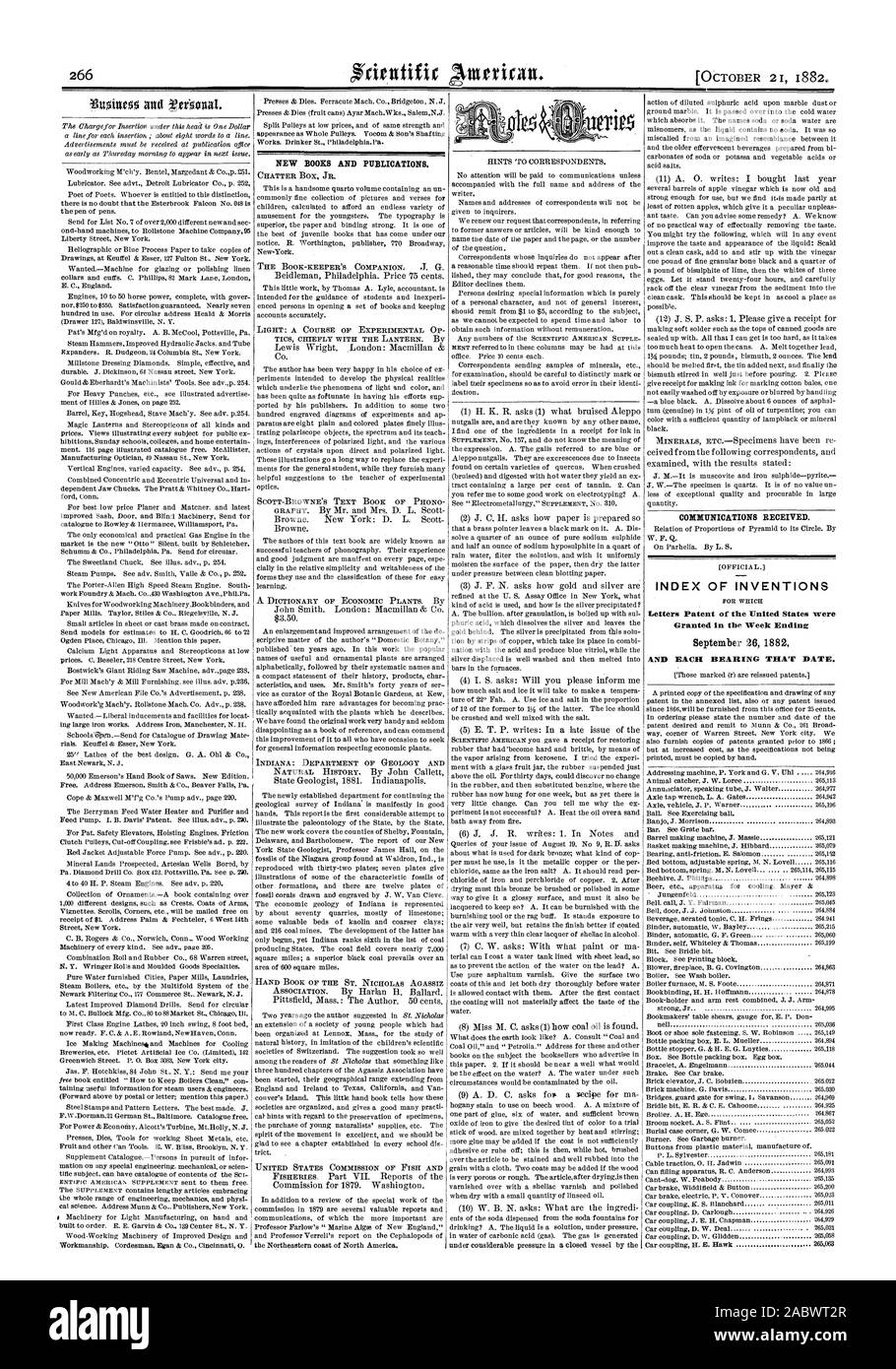 Neue BÜCHER UND PUBLIKATIONEN. Kommunikation erhalten. INDEX DER ERFINDUNGEN Patentschriften "der" Vereinigten Staaten wurden in der Woche bis 26. September 1882 und jedes Lager, dass Datum., Scientific American, 1882-10-11 gewährt Stockfoto