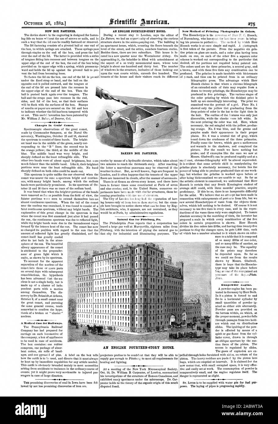 Einen medizinischen Fall für Eisenbahnen. Erdgas für Pittsburg Pa. Eine englische 14-stöckiges Haus. - E Schießpulver Motor., Scientific American, 1882-10-28 Stockfoto