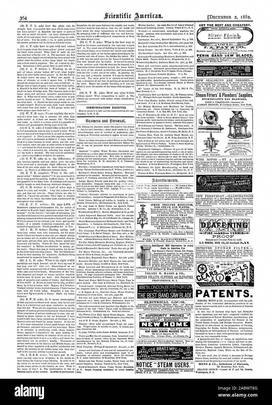 Gesteht: PROVIDENCE R.I.'S BEKANNTMACHUNG TEAM BENUTZER." Die beste und billigste PERIN BANDSÄGEBLÄTTER Dampf Monteure Vorrat & Klempner". Ungeziefer. 1-4 PATENTE. Neues Zuhause NEUES ZUHAUSE Sewing Machine Co. IIROLE Pu.", Scientific American, 1882-12-02 Stockfoto