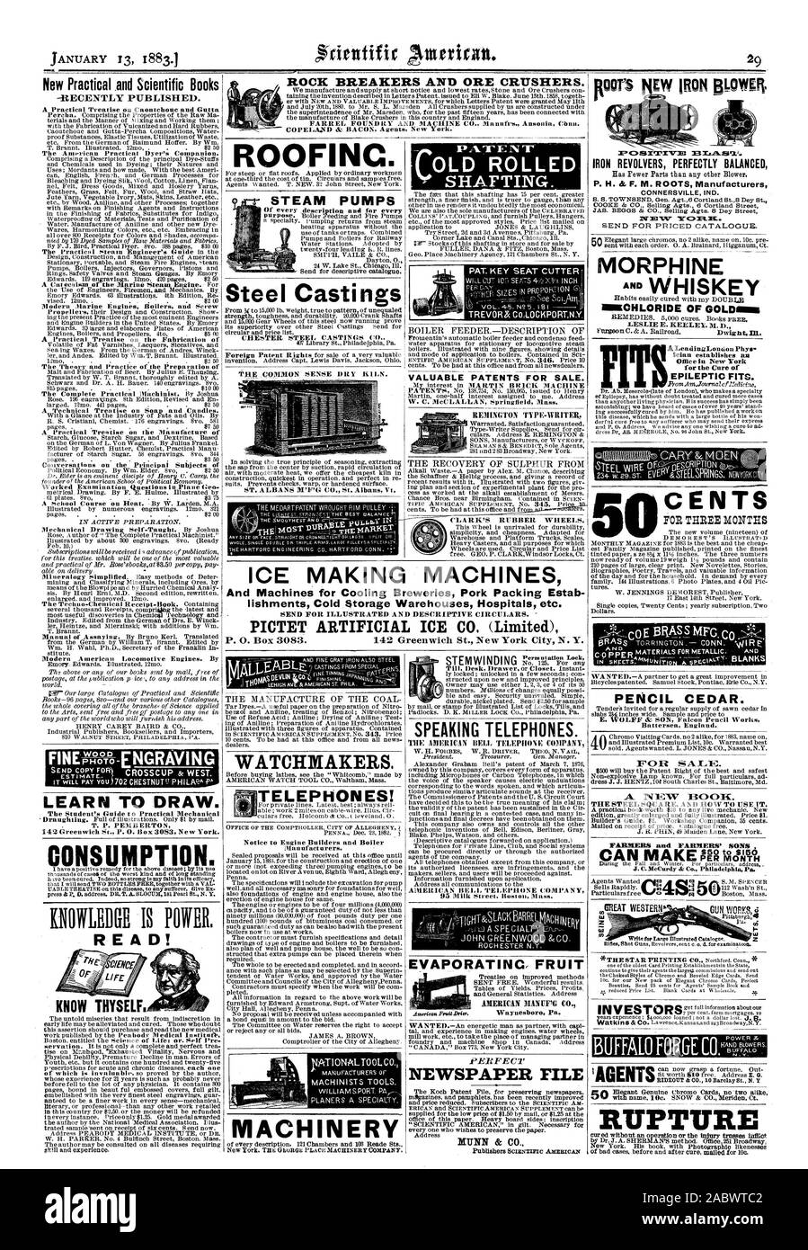Neue praktische und wissenschaftliche Bücher LERNEN ZU ZIEHEN. Der Student Guide zu praktischen Mechanische BOR IST MACHT. Lesen Sie mehr! Erkenne dich selbst. Alte gerollt SHAFTING. PAT. Taste SITZ CUTTER wertvolle Patente zum Verkauf. Die WIEDERHERSTELLUNG VON SCHWEFEL AUS EIS, der Maschinen und Maschinen für die Kühlung Brauereien Schweinefleisch Verpackung 10.2 lishments Kühlhäuser Krankenhäuser usw. senden für Illustrierte und beschreibende Rundschreiben. "Uhrmacher. Telefone! Hersteller. Maschinisten TOOLS. Maschinen EVAPORATINC OBST Bis liesk lirawer oder Schrank. Instant sprechende Telefone. Die American Bell Telephone Company AMERICAN DIANUPG Stockfoto