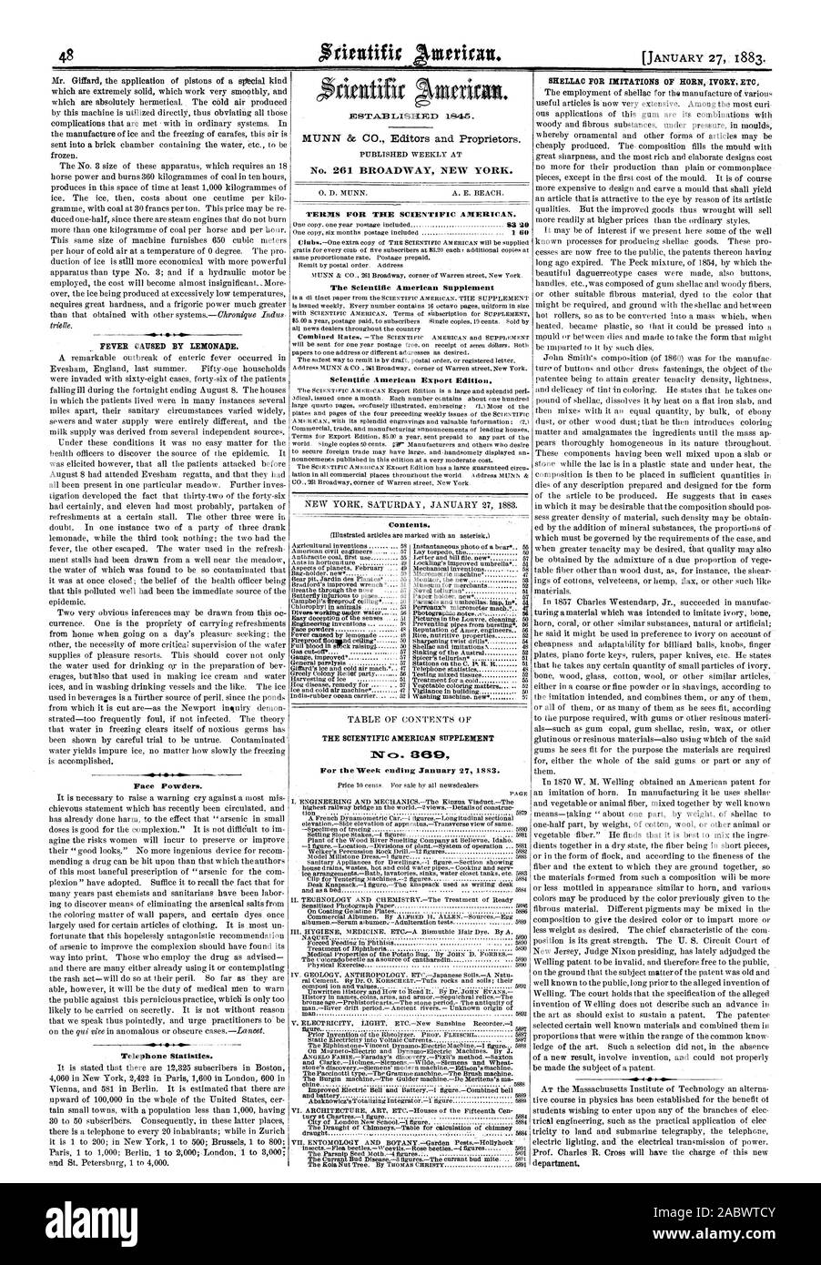 48 Gesicht Puder. Telefon Statistiken. critatifir anteriran. MUNN & Co. Herausgeber und Eigentümer. Nr. 201 BROADWAY NEW YORK. Bedingungen für den Scientific American. Ergänzung der Scientific American Scientific American Export Edition. 8439 Für die Woche bis zum 27. Januar 1683. Inhalt., 1883-01-27 Stockfoto